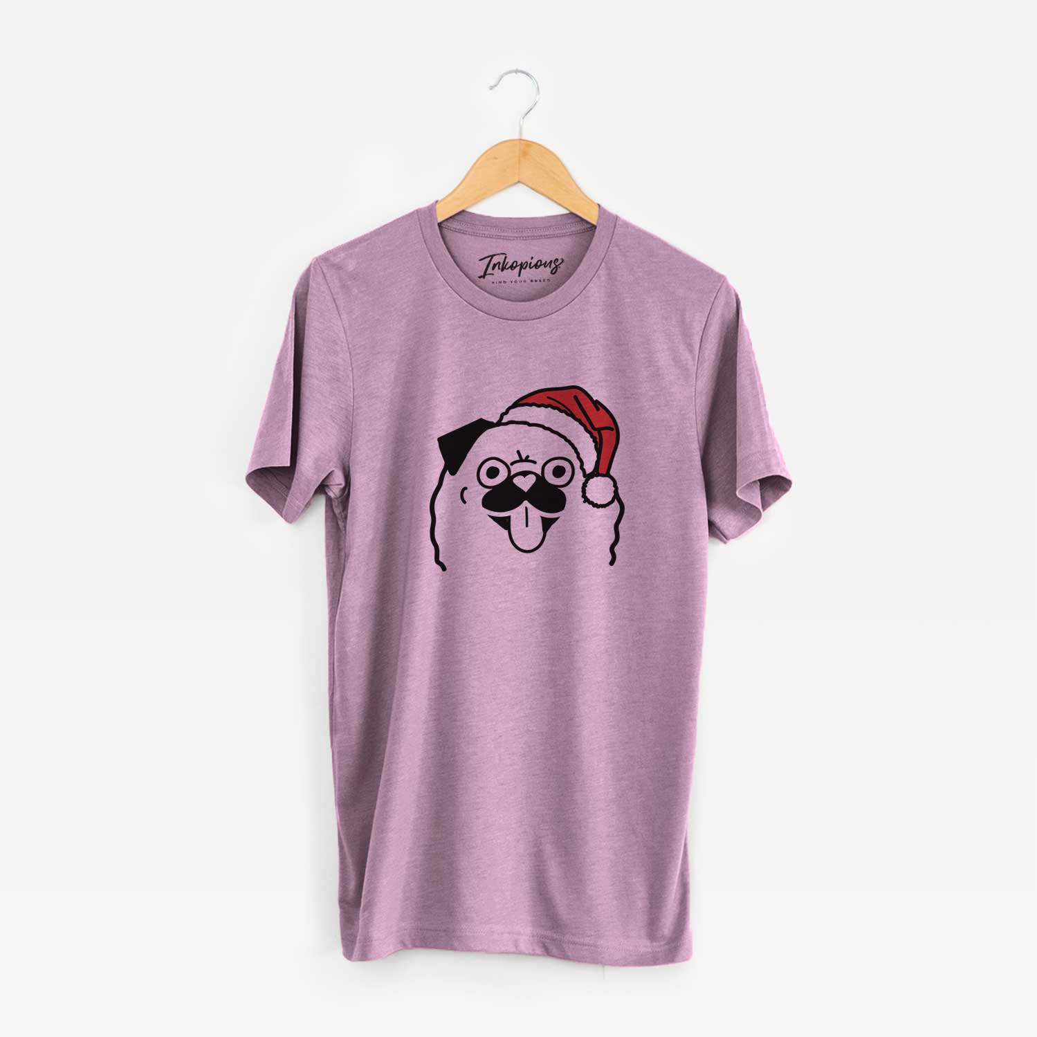 Minimalist line drawing of a Pug wearing a Santa hat on an Orchid Unisex crewneck
