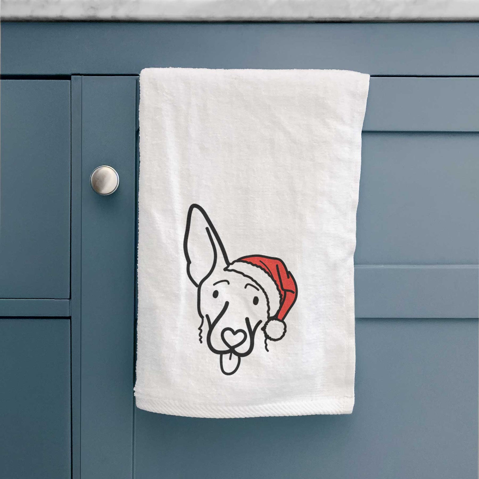 Minimalist line drawing of Rosie the Shepherd Mix wearing a Santa hat on a decorative hand towel