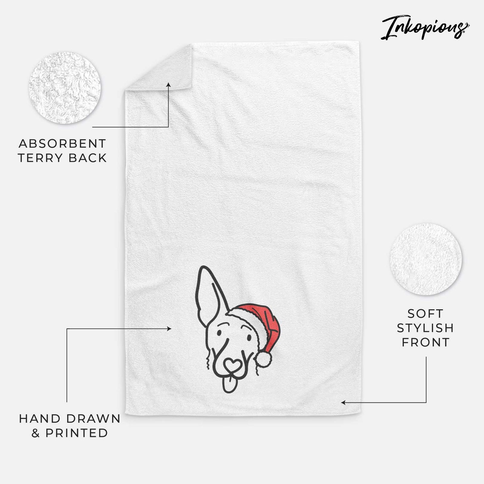 Minimalist line drawing of Rosie the Shepherd Mix wearing a Santa hat on a decorative hand towel
