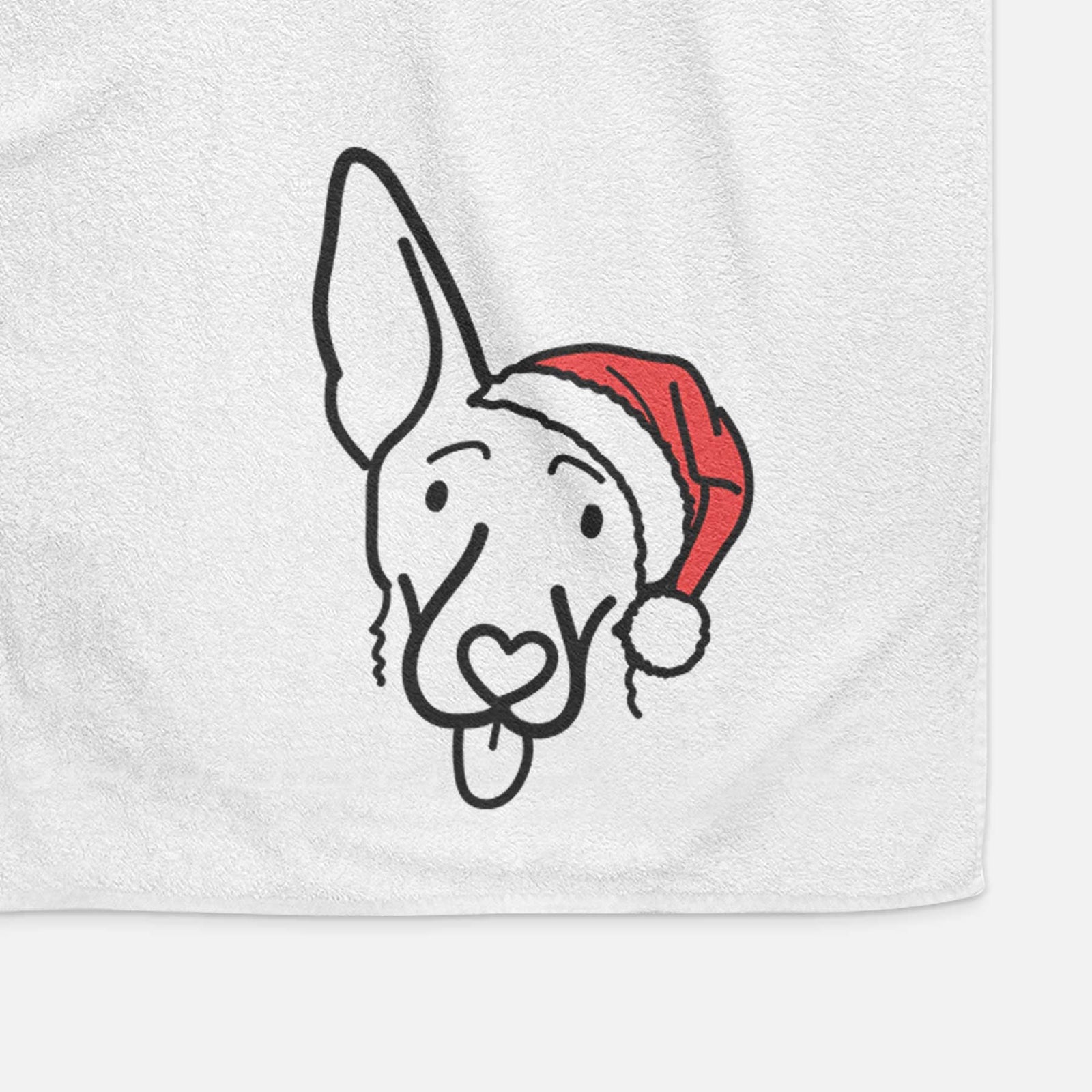 Minimalist line drawing of Rosie the Shepherd Mix wearing a Santa hat on a decorative hand towel