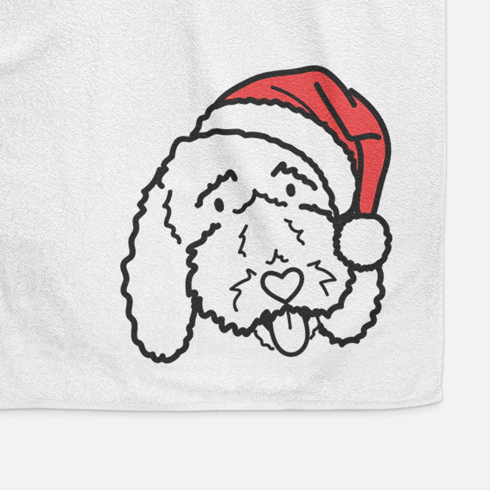 Minimalist line drawing of Ruby the Bernedoodle wearing a Santa hat on a decorative hand towel