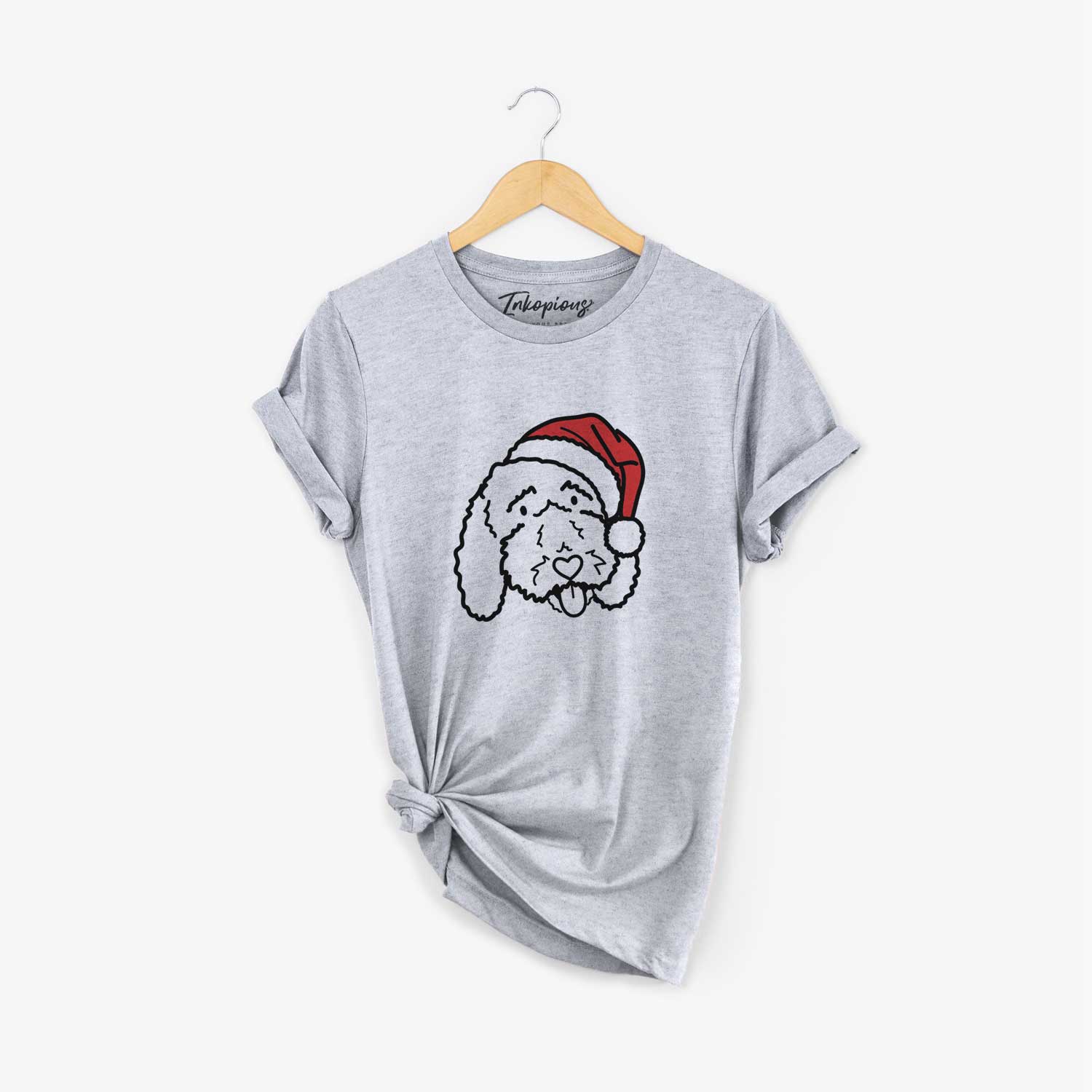 Minimalist line drawing of Ruby the Bernedoodle wearing a Santa hat on a Grey Unisex crewneck