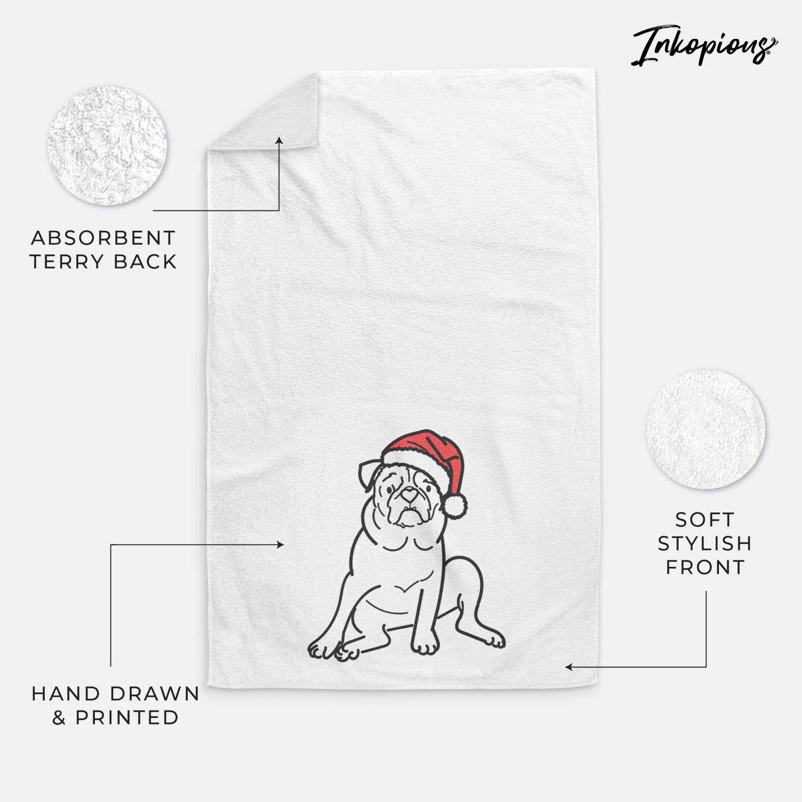 Minimalist line drawing of Rudy the Pug wearing a Santa hat on a decorative hand towel