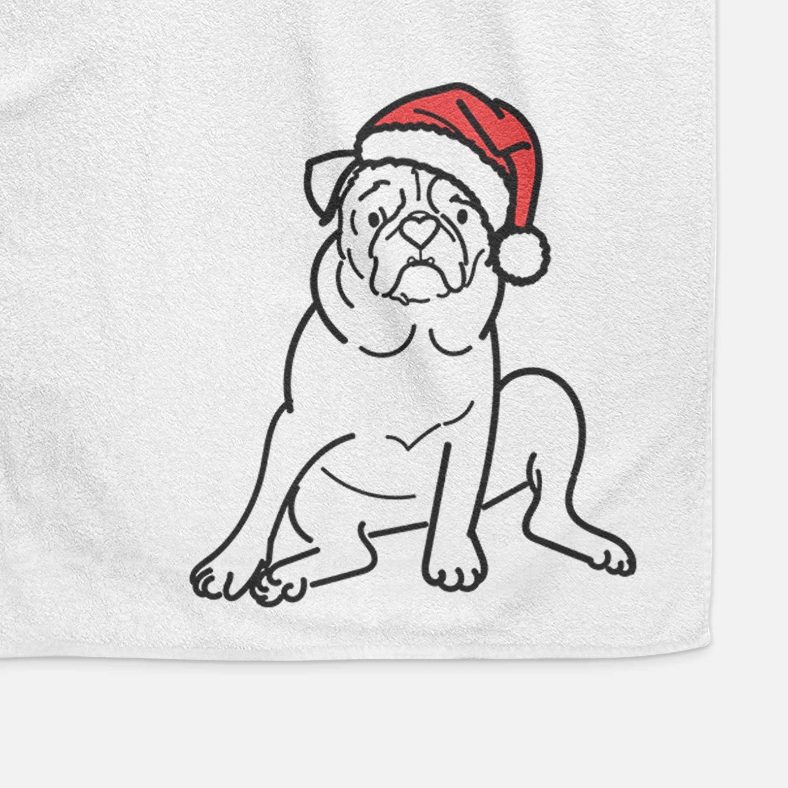 Minimalist line drawing of Rudy the Pug wearing a Santa hat on a decorative hand towel