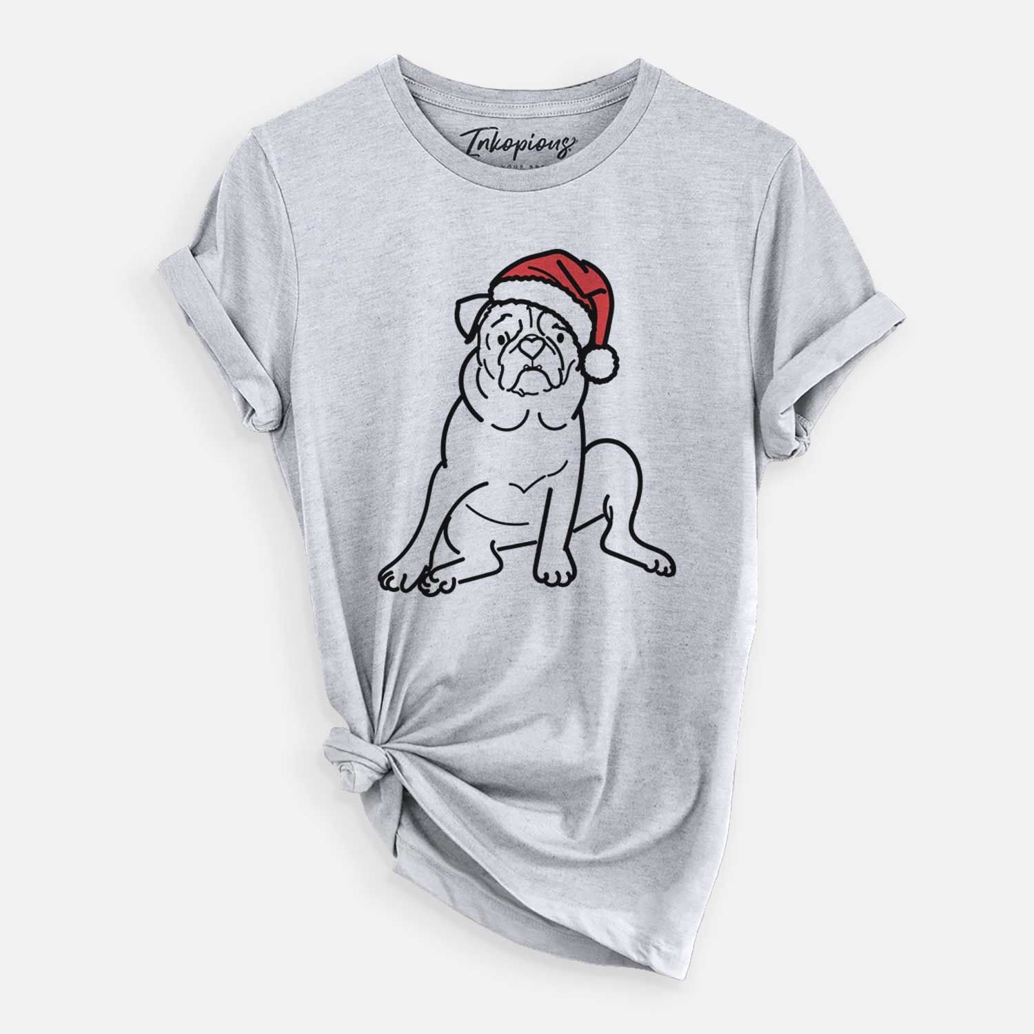 Minimalist line drawing of Rudy the Pug wearing a Santa hat on a Grey Unisex crewneck