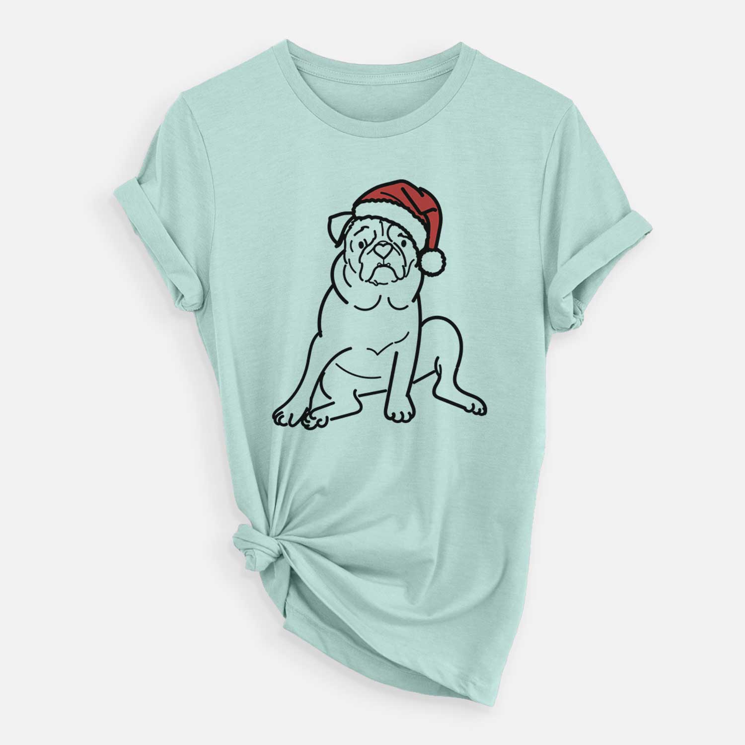 Minimalist line drawing of Rudy the Pug wearing a Santa hat on a Heather Sage Unisex crewneck