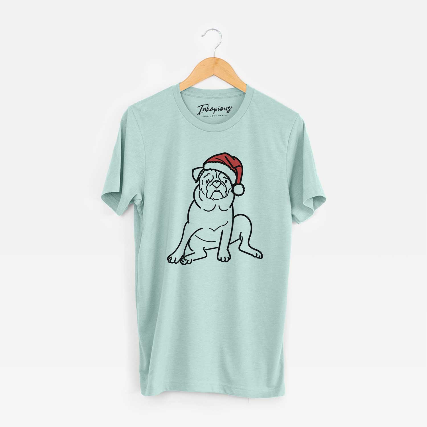 Minimalist line drawing of Rudy the Pug wearing a Santa hat on a Heather Sage Unisex crewneck