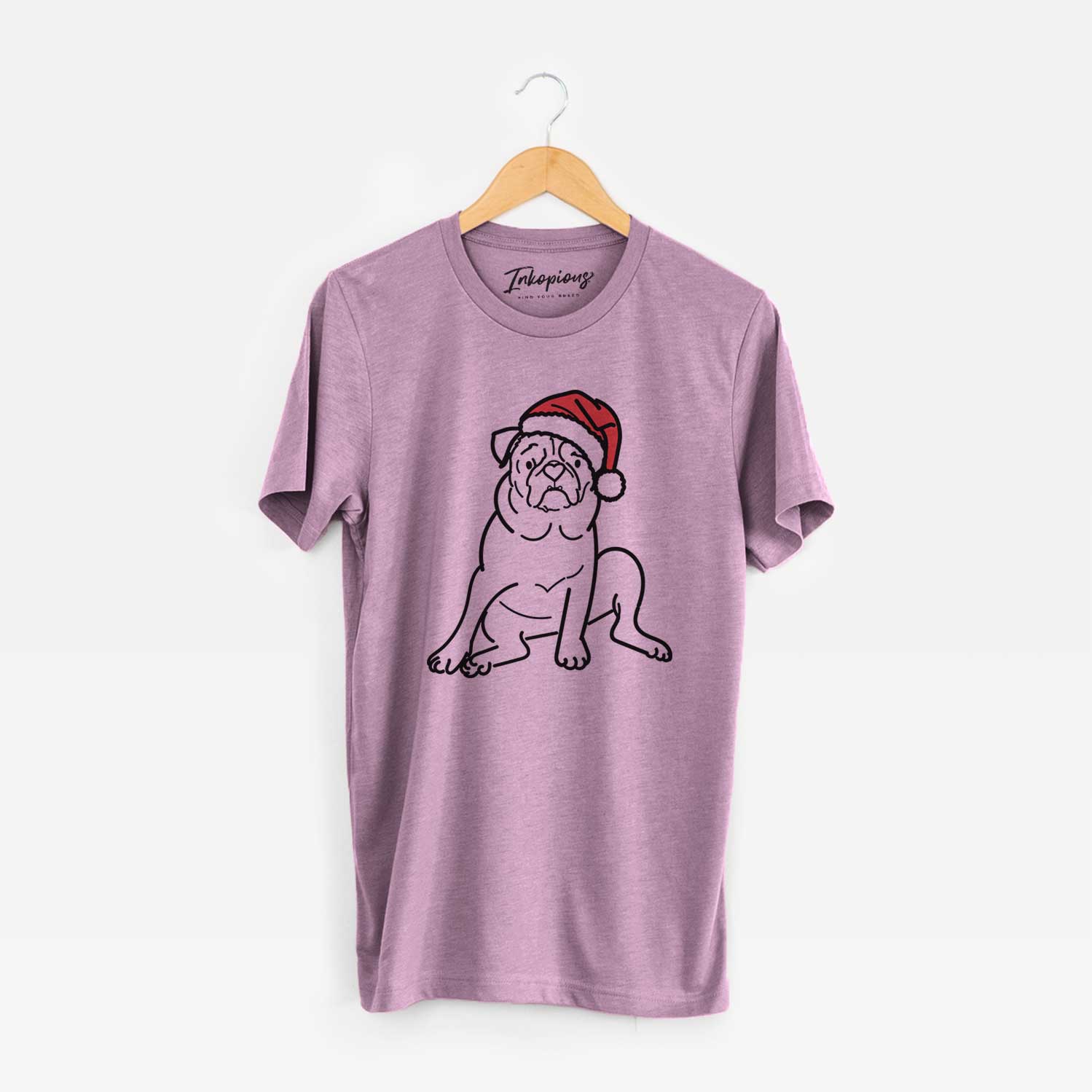 Minimalist line drawing of Rudy the Pug wearing a Santa hat on an Orchid Unisex crewneck