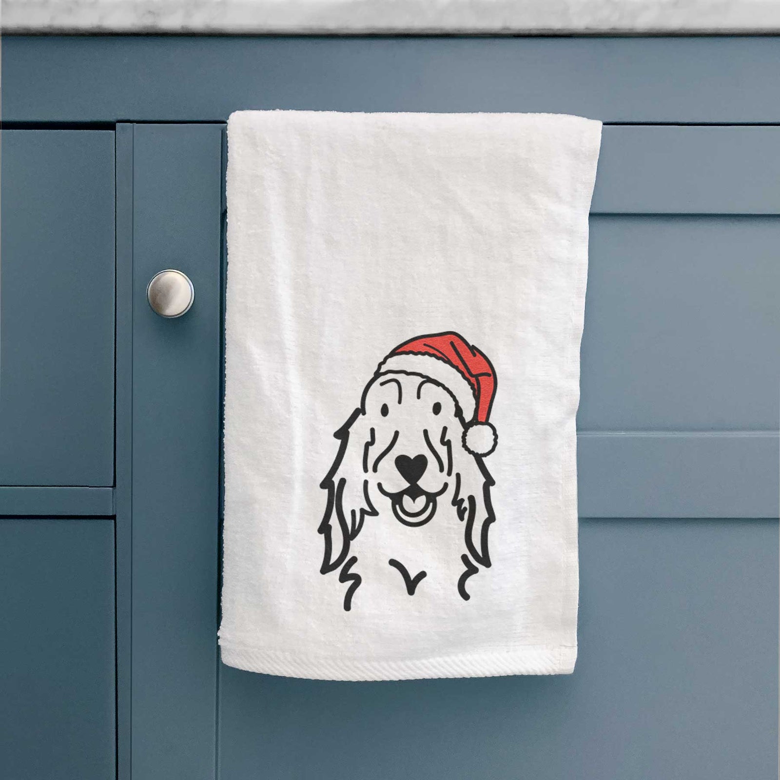 Minimalist line drawing of a Setter wearing a Santa hat on a decorative hand towel