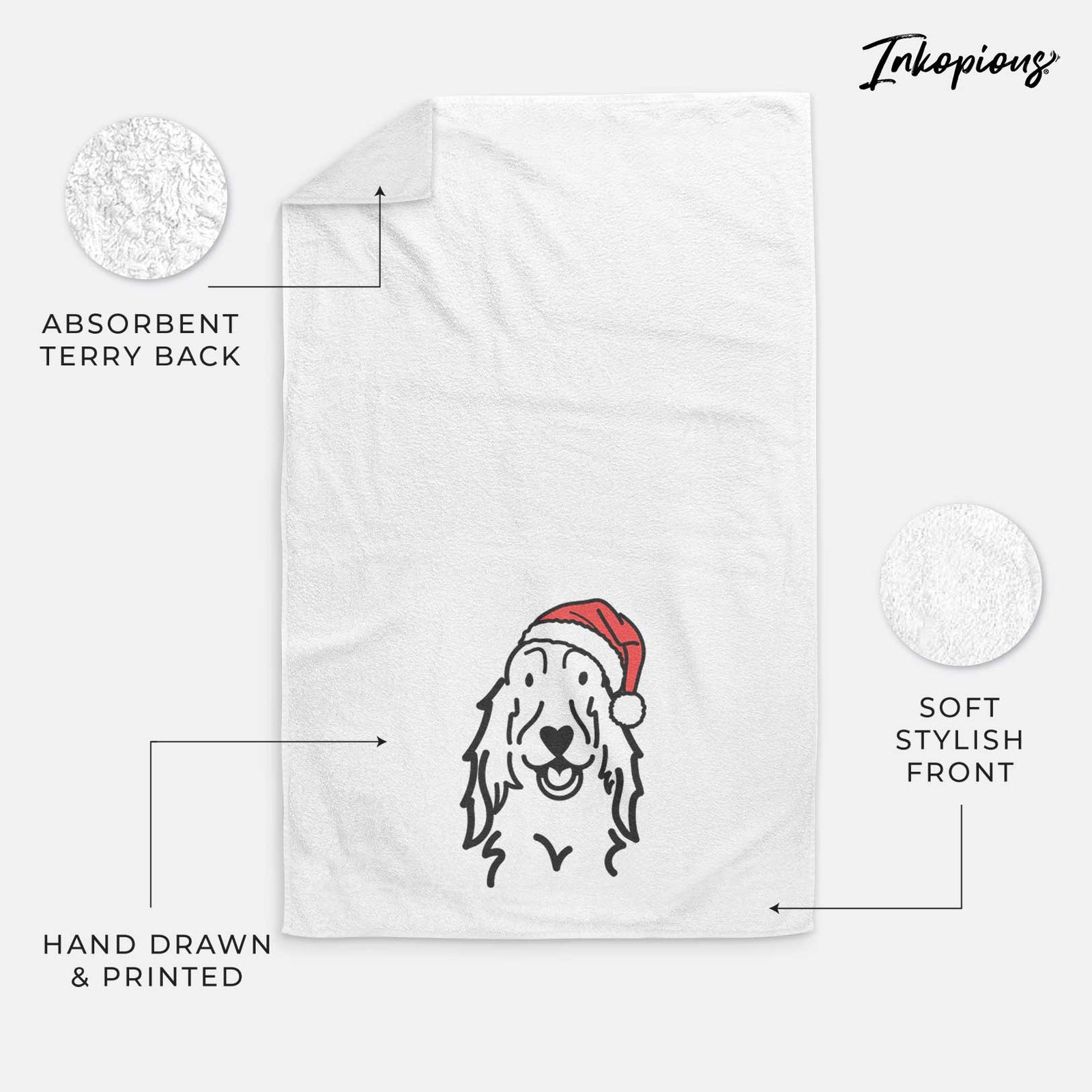 Minimalist line drawing of a Setter wearing a Santa hat on a decorative hand towel