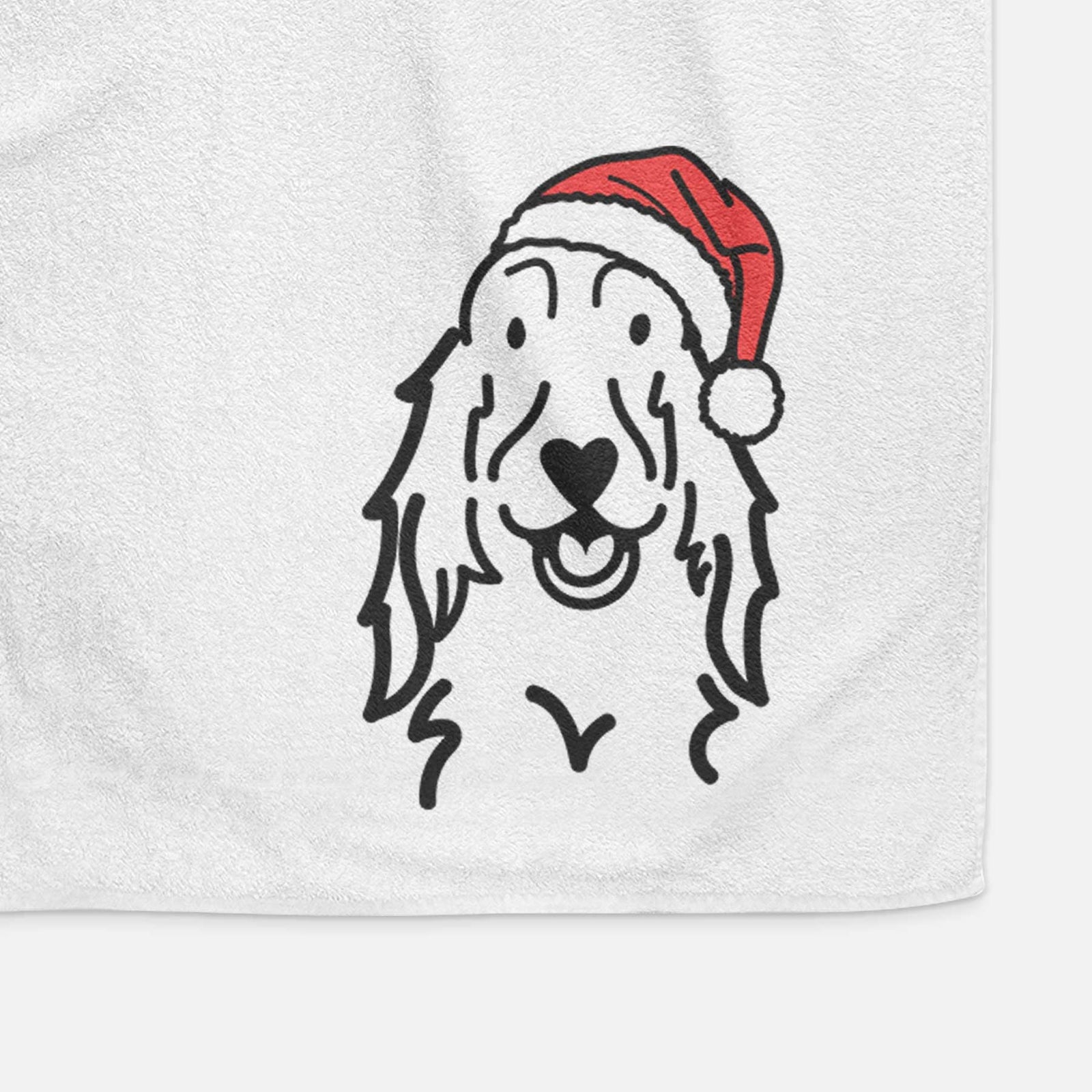 Minimalist line drawing of a Setter wearing a Santa hat on a decorative hand towel