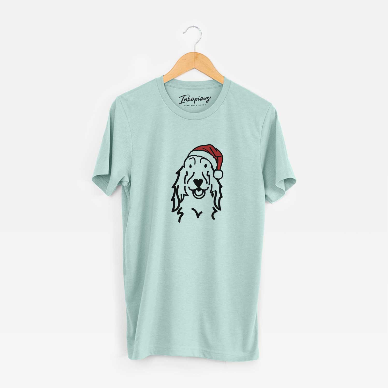 Minimalist line drawing of a Setter wearing a Santa hat on a Heather Sage Unisex crewneck