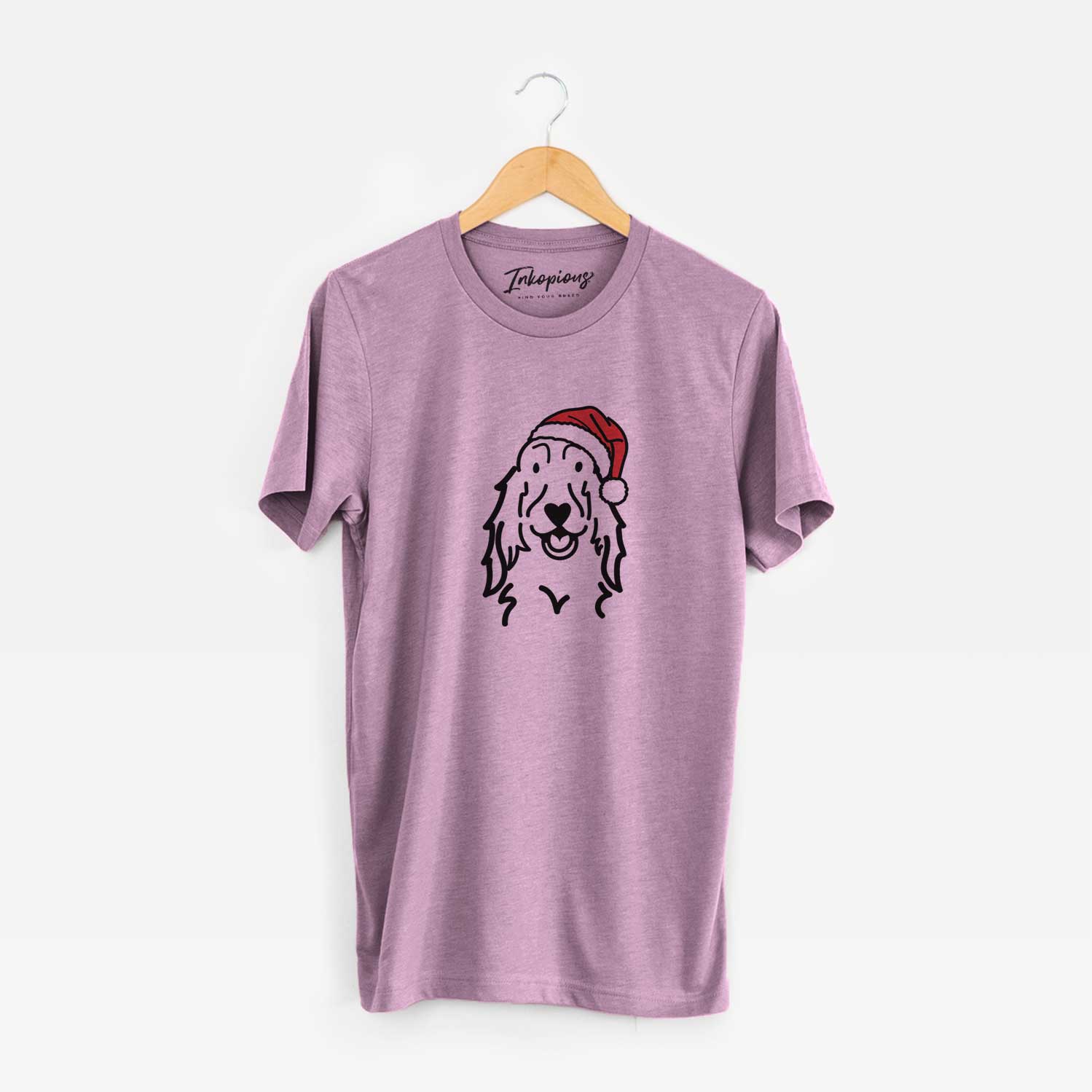 Minimalist line drawing of a Setter wearing a Santa hat on an Orchid Unisex crewneck