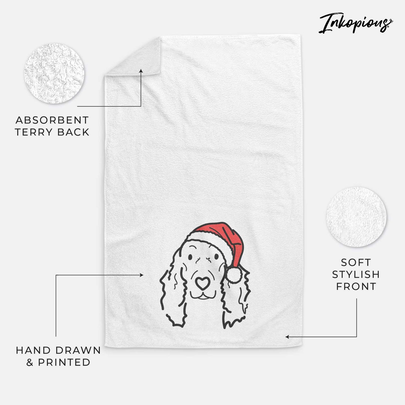 Minimalist line drawing of Seven the Irish Setter wearing a Santa hat on a decorative hand towel