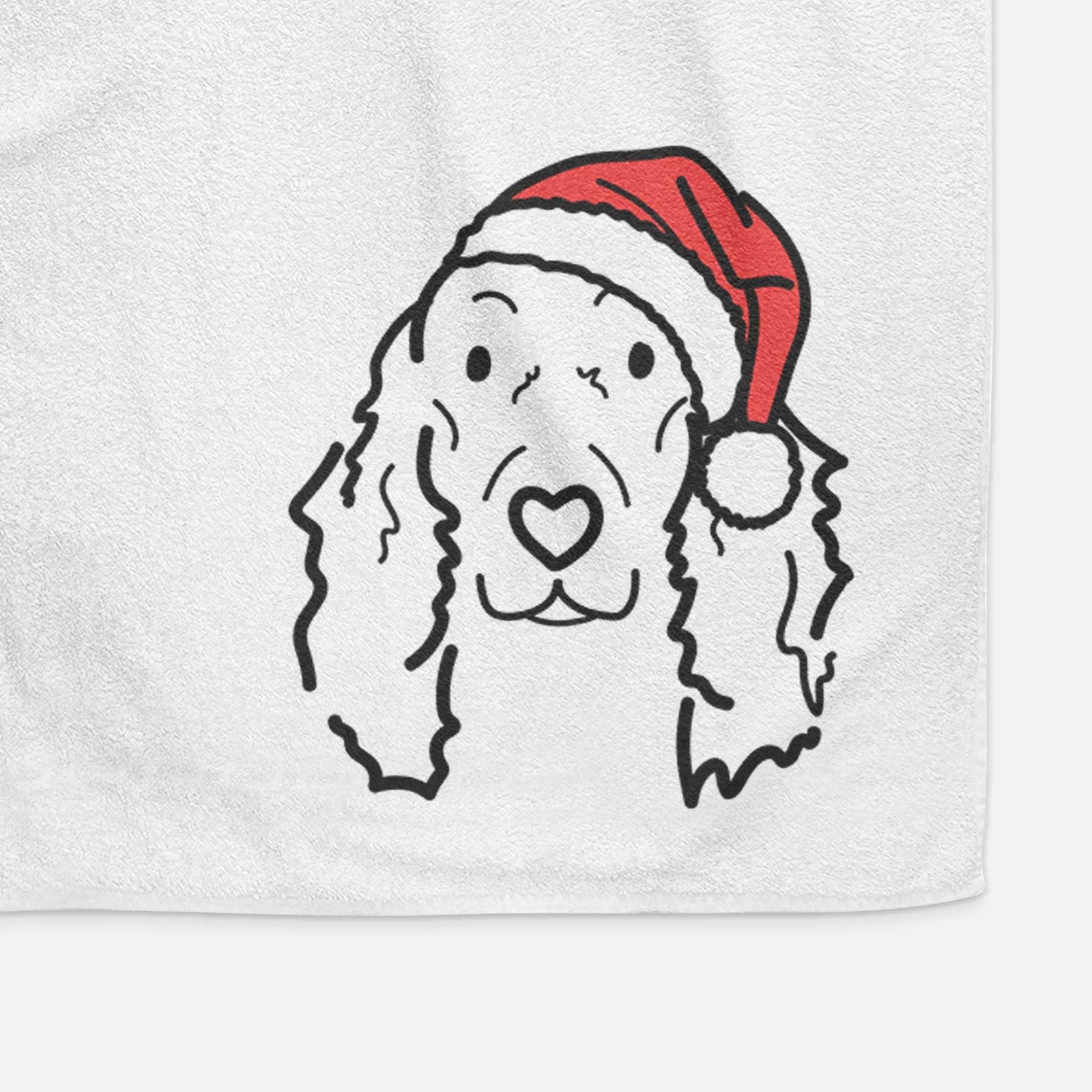 Minimalist line drawing of Seven the Irish Setter wearing a Santa hat on a decorative hand towel