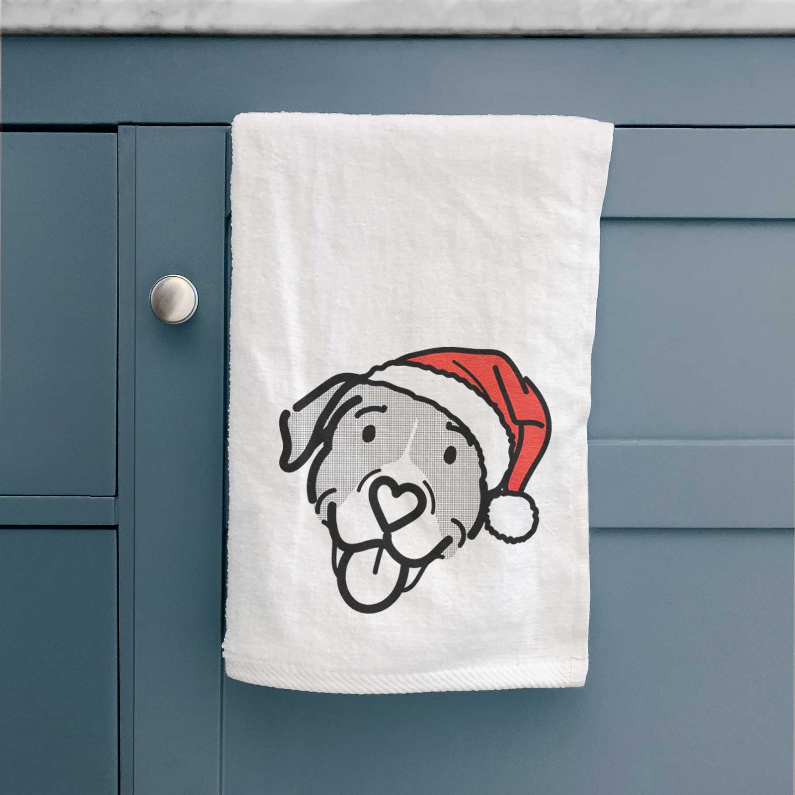 Minimalist line drawing of Shadow the Pitbull Mix wearing a Santa hat on a decorative hand towel