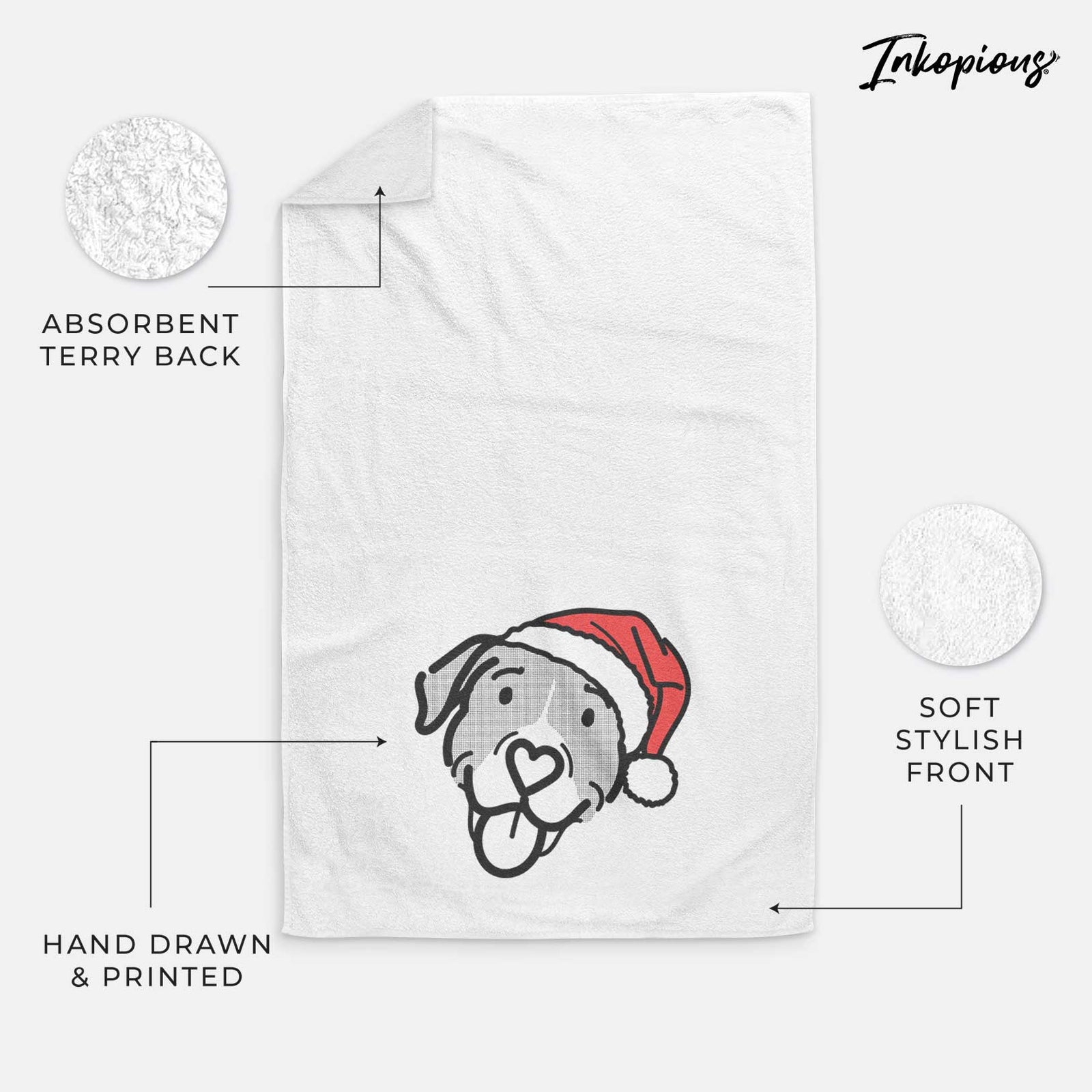 Minimalist line drawing of Shadow the Pitbull Mix wearing a Santa hat on a decorative hand towel