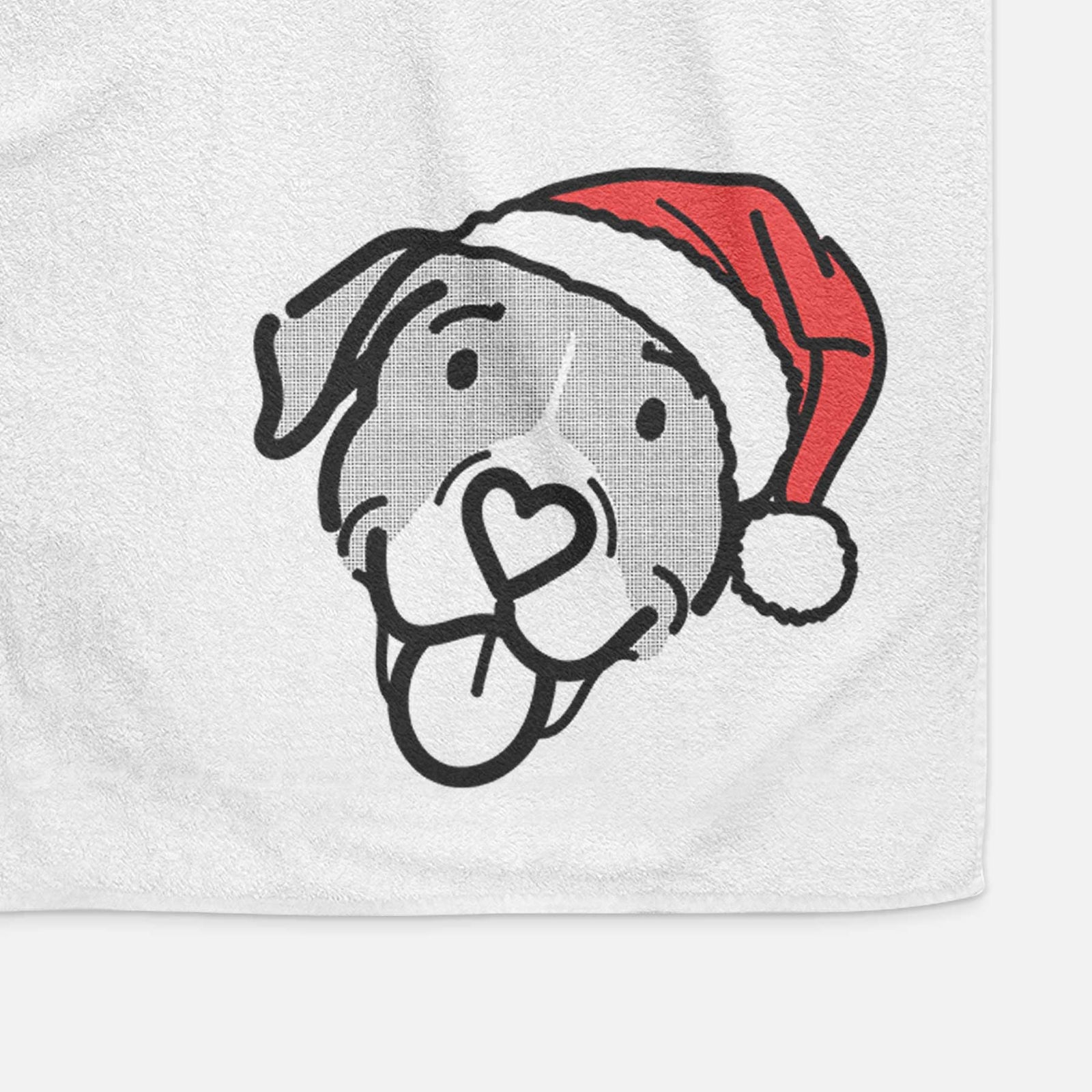 Minimalist line drawing of Shadow the Pitbull Mix wearing a Santa hat on a decorative hand towel