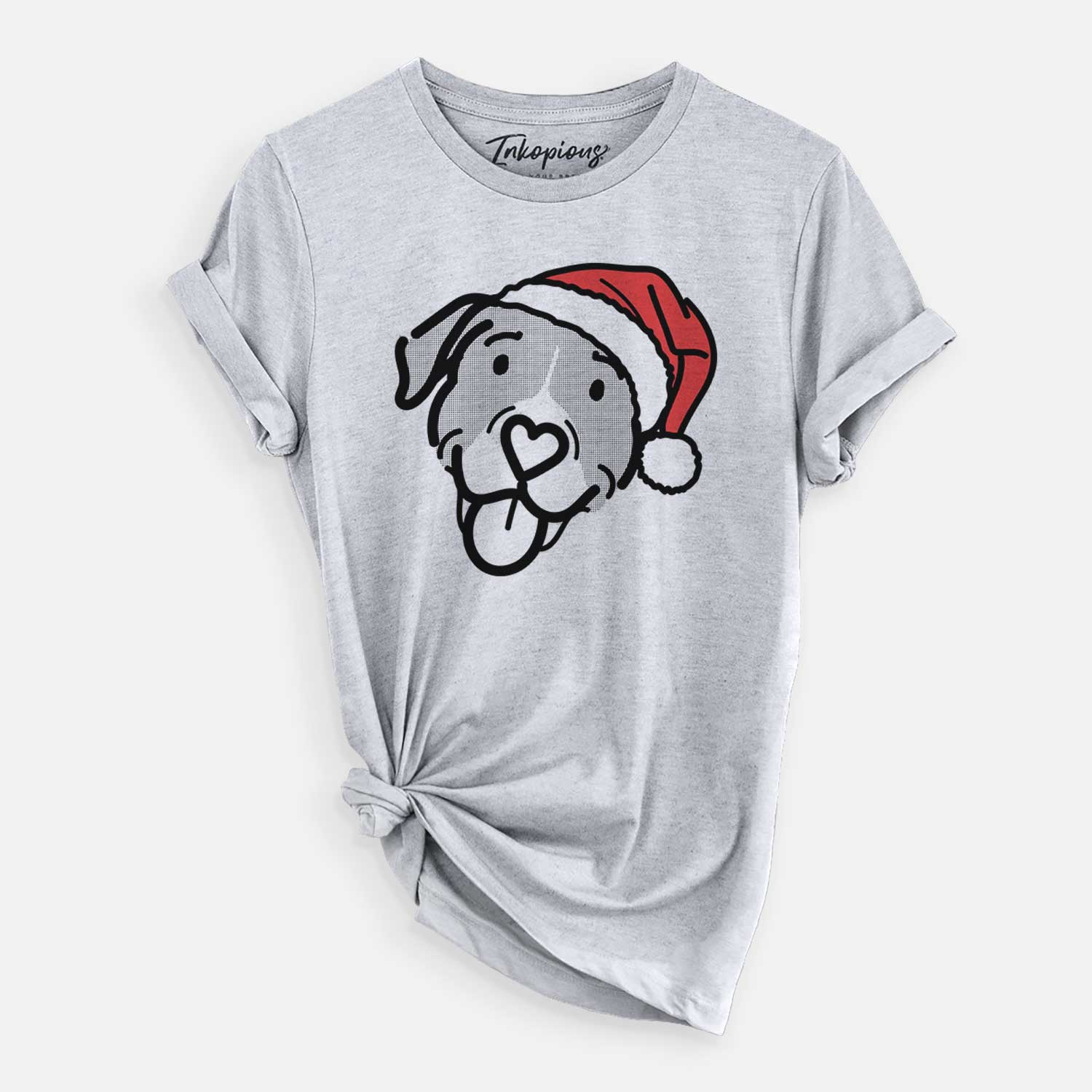 Minimalist line drawing of Shadow the Pitbull Mix wearing a Santa hat on a Grey Unisex crewneck
