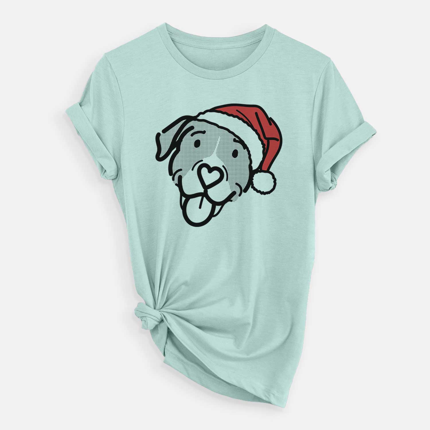 Minimalist line drawing of Shadow the Pitbull Mix wearing a Santa hat on a Heather Sage Unisex crewneck