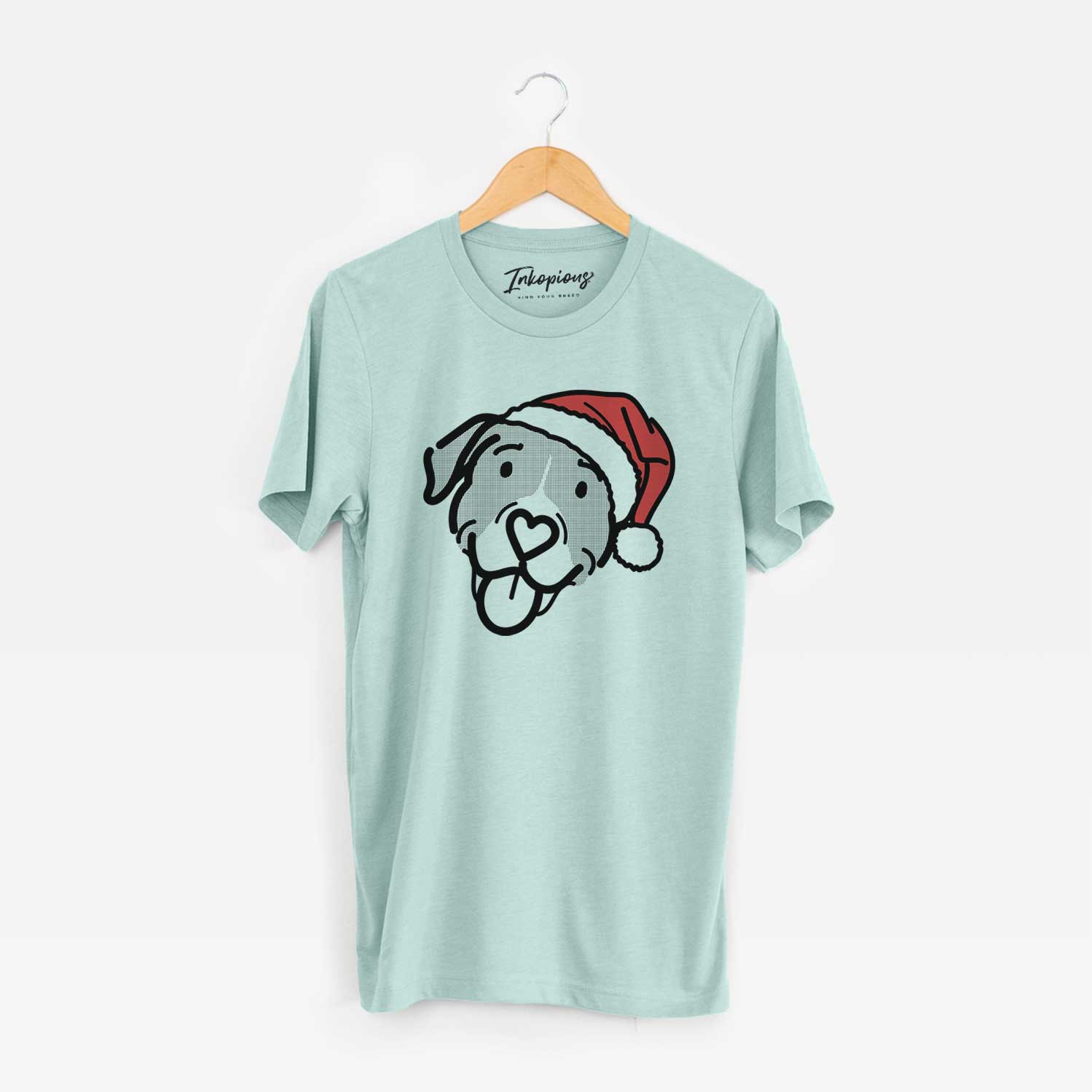 Minimalist line drawing of Shadow the Pitbull Mix wearing a Santa hat on a Heather Sage Unisex crewneck
