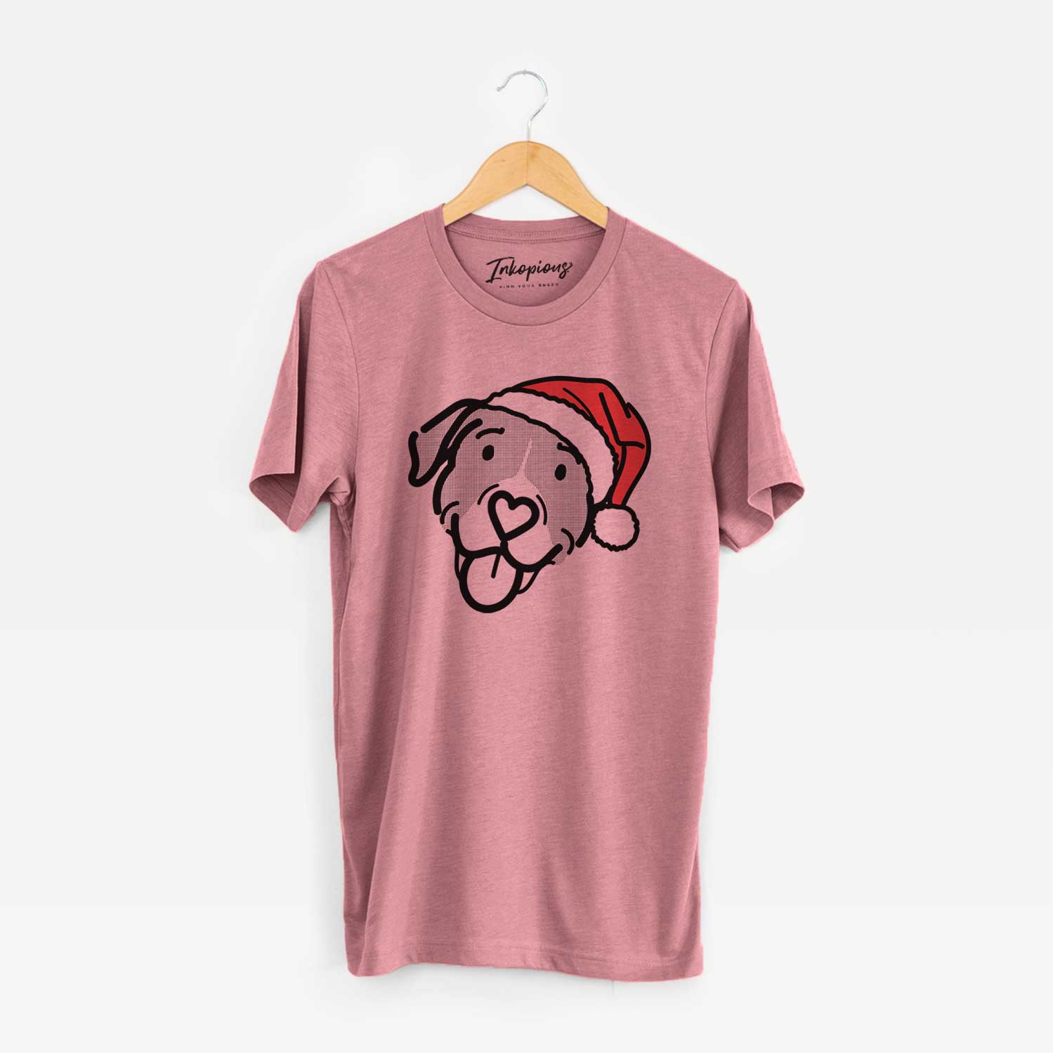 Minimalist line drawing of Shadow the Pitbull Mix wearing a Santa hat on a Mauve Unisex crewneck