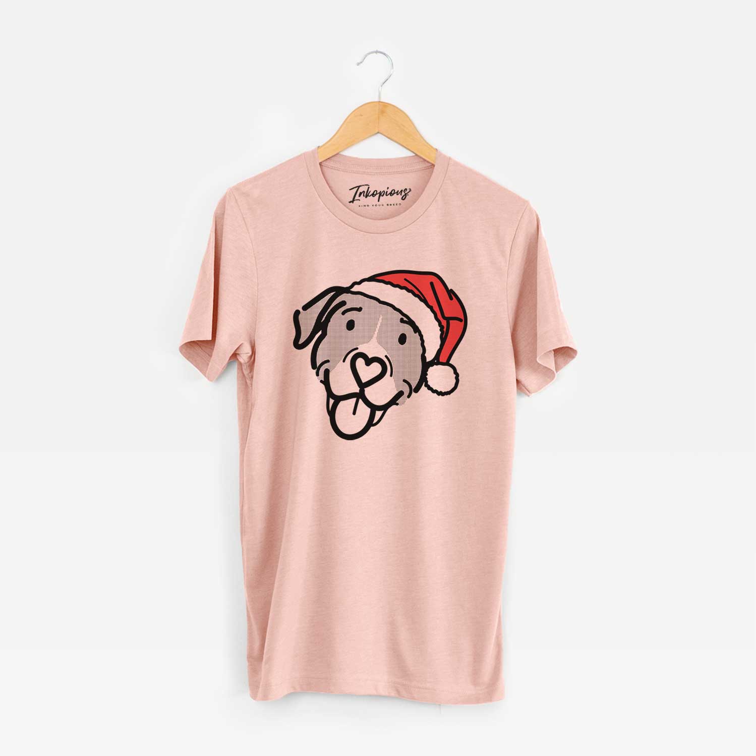 Minimalist line drawing of Shadow the Pitbull Mix wearing a Santa hat on a Peach Unisex crewneck