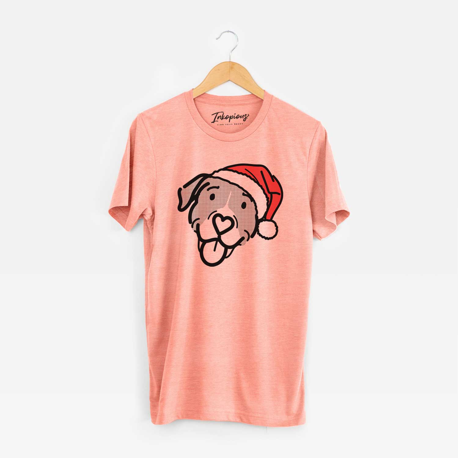 Minimalist line drawing of Shadow the Pitbull Mix wearing a Santa hat on a Sunset Unisex crewneck