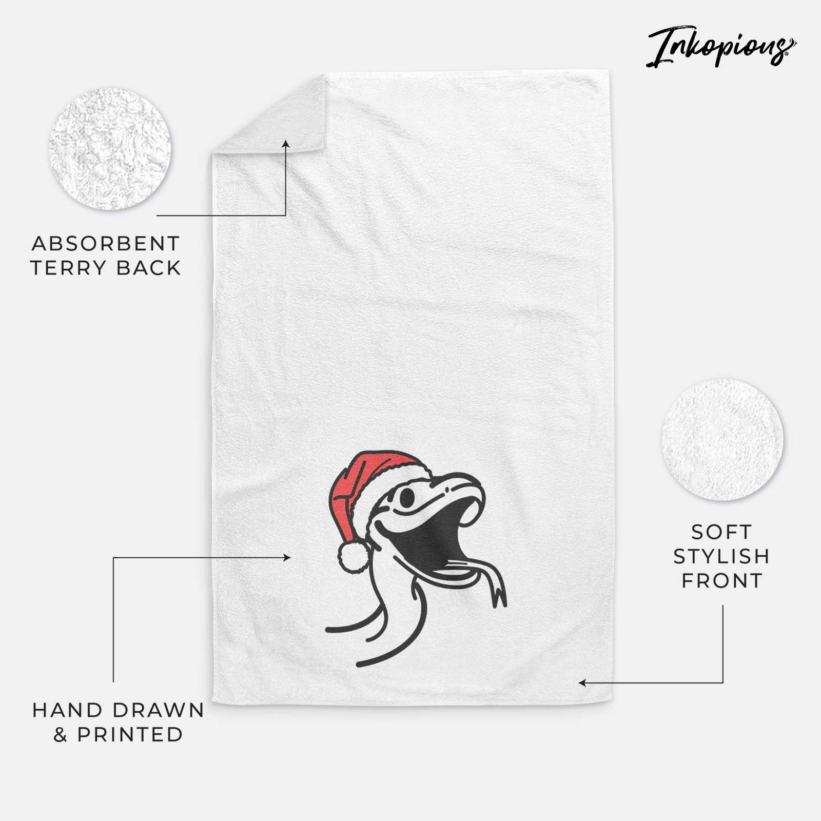 Minimalist line drawing of Spike the Snake wearing a Santa hat on a decorative hand towel