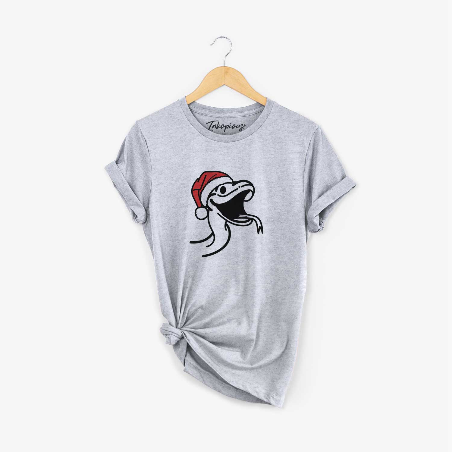 Minimalist line drawing of Spike the Snake wearing a Santa hat on a Grey Unisex crewneck
