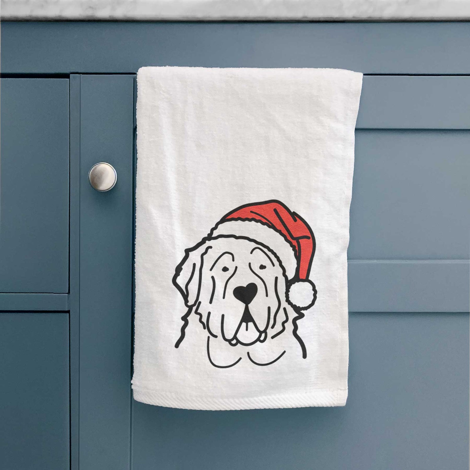 Minimalist line drawing of a Saint Bernard wearing a Santa hat on a decorative hand towel