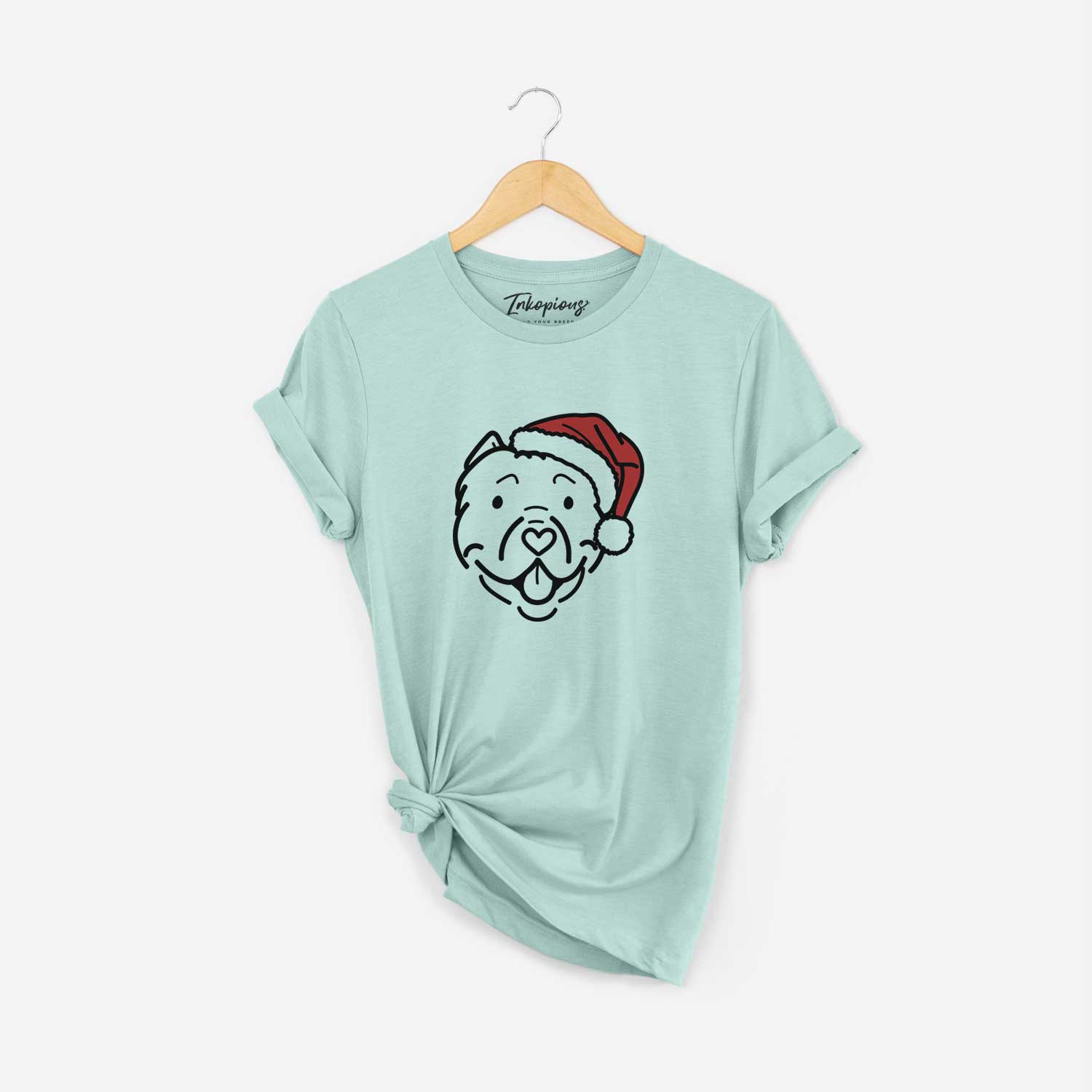 Minimalist line drawing of Tank the American Bully wearing a Santa hat on a Heather Sage Unisex crewneck