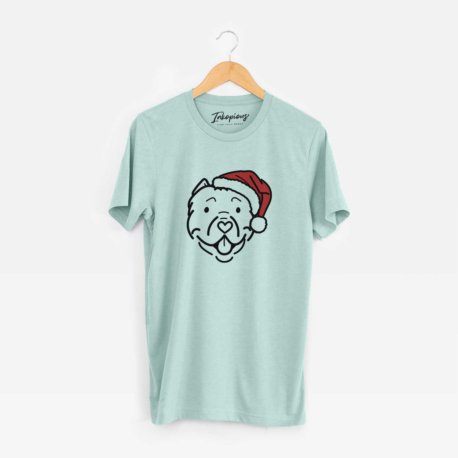 Minimalist line drawing of Tank the American Bully wearing a Santa hat on a Heather Sage Unisex crewneck