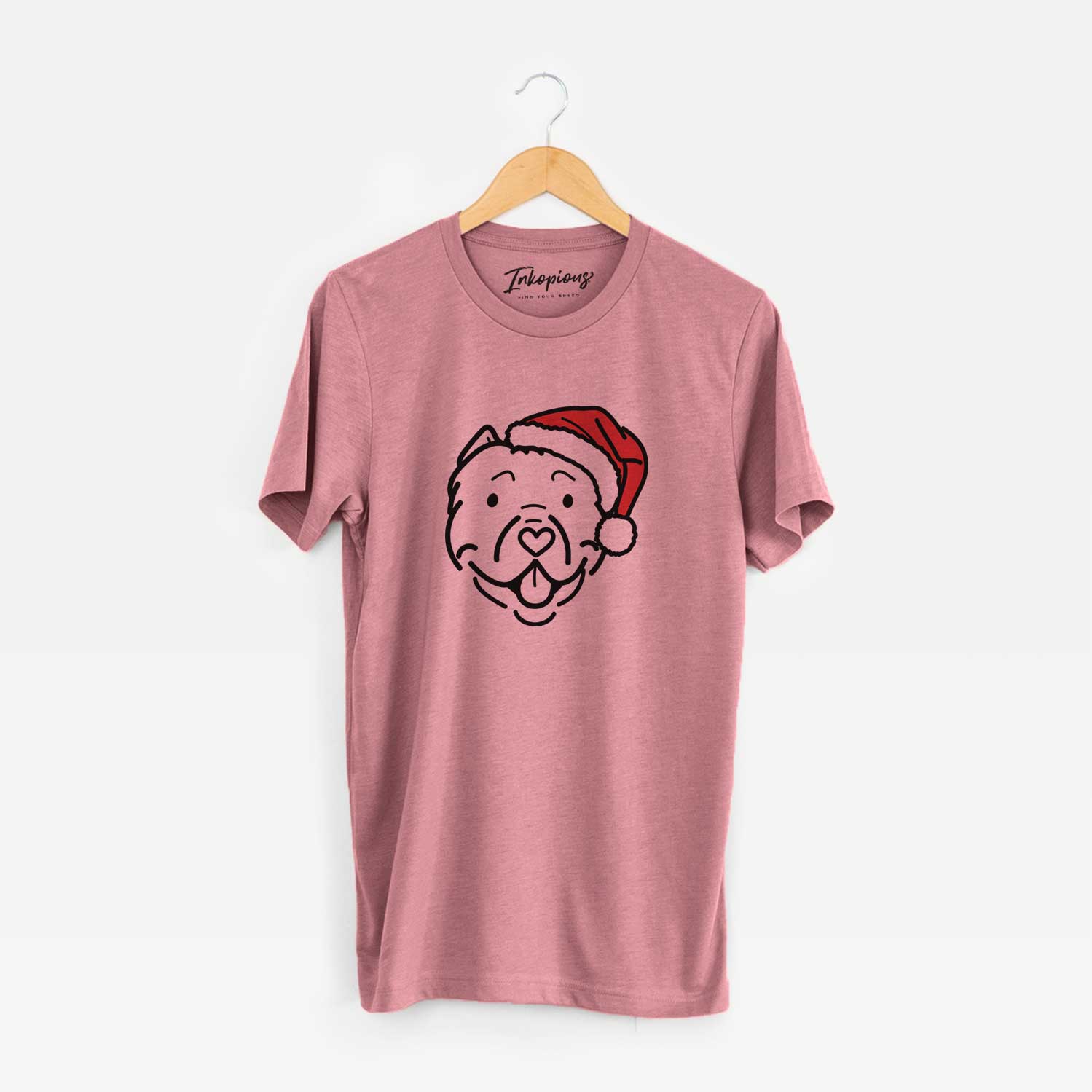 Minimalist line drawing of Tank the American Bully wearing a Santa hat on a Mauve Unisex crewneck