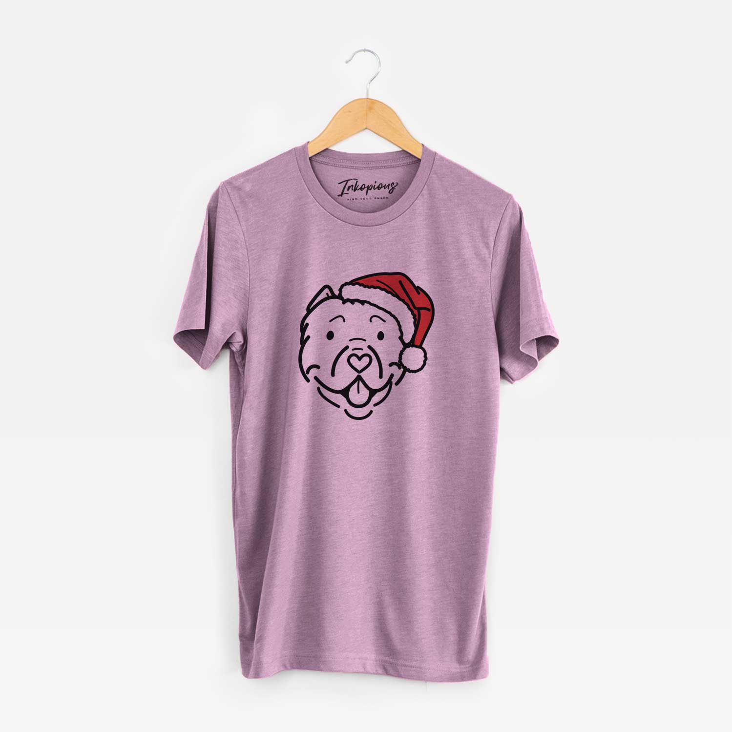 Minimalist line drawing of Tank the American Bully wearing a Santa hat on an Orchid Unisex crewneck