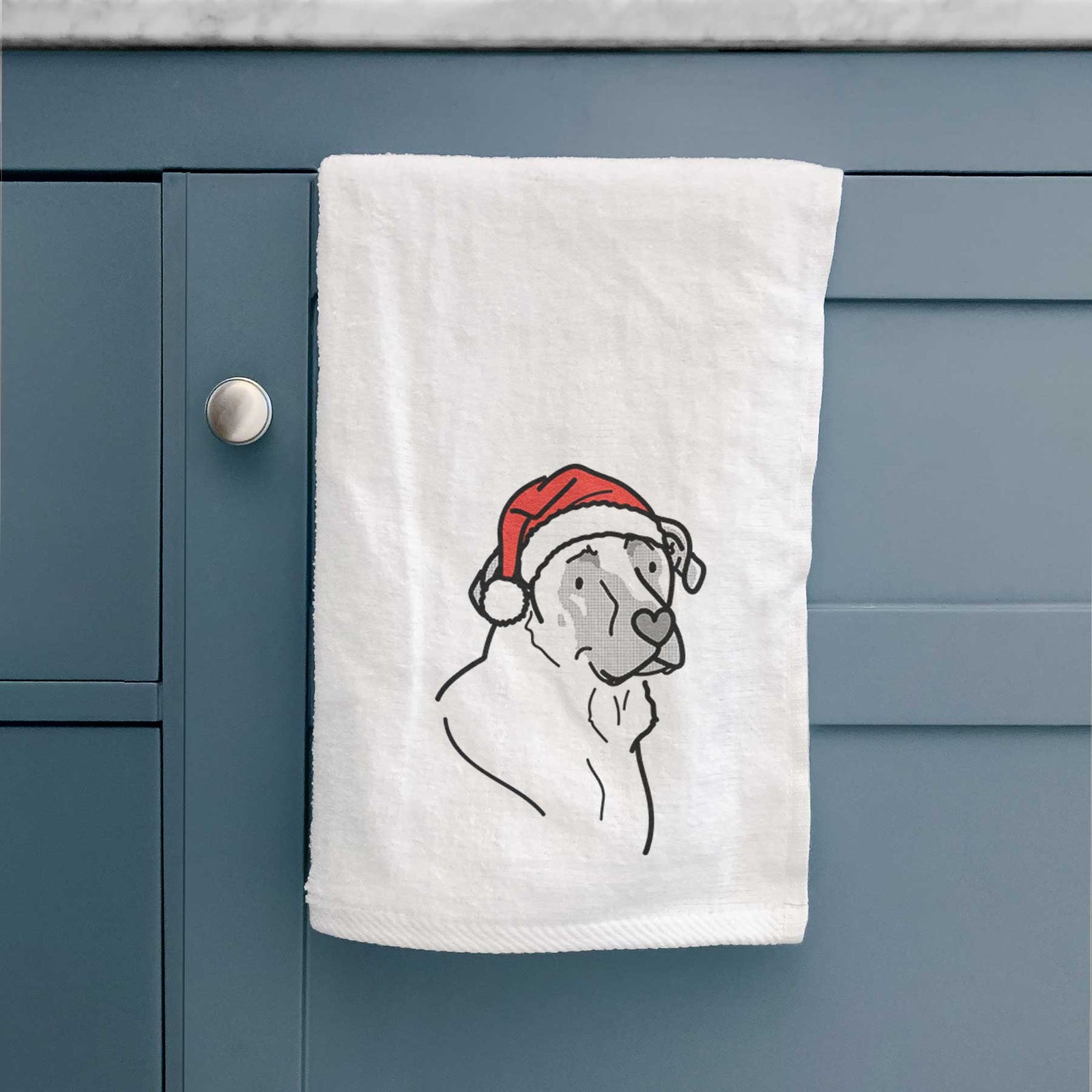 Minimalist line drawing of Tank the Mastiff German Shepherd Mix wearing a Santa hat on a decorative hand towel