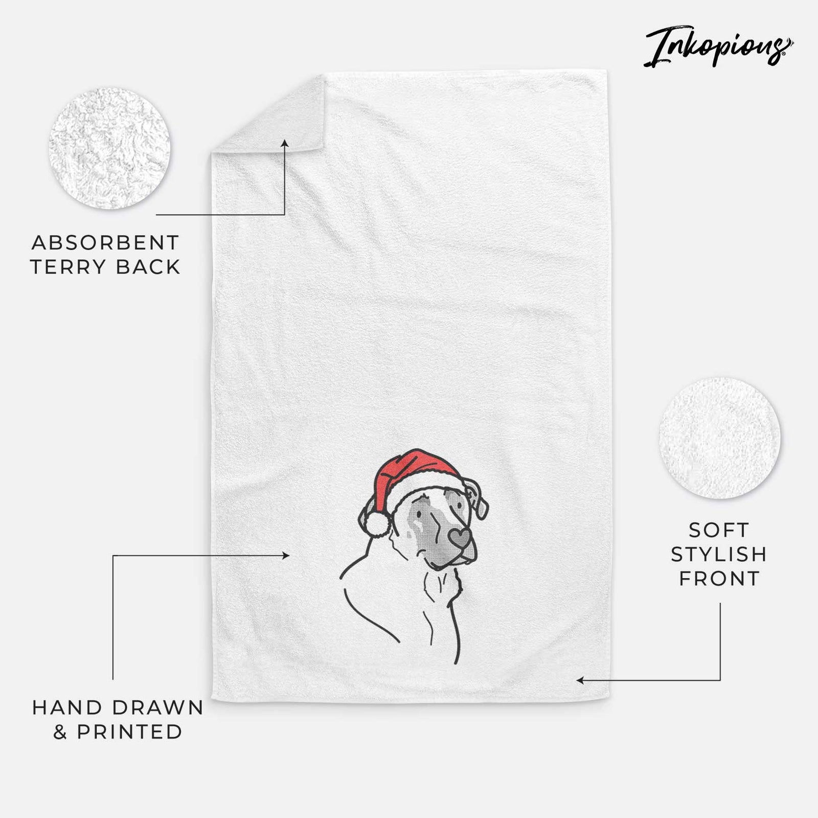 Minimalist line drawing of Tank the Mastiff German Shepherd Mix wearing a Santa hat on a decorative hand towel