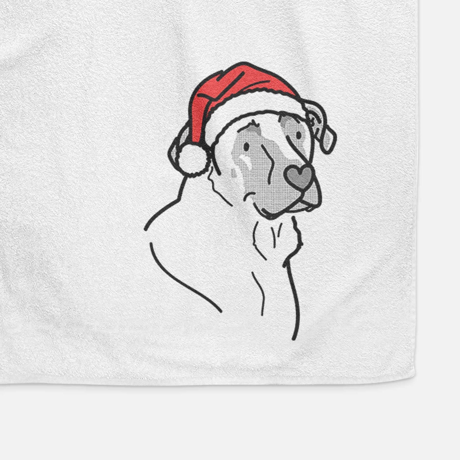 Minimalist line drawing of Tank the Mastiff German Shepherd Mix wearing a Santa hat on a decorative hand towel