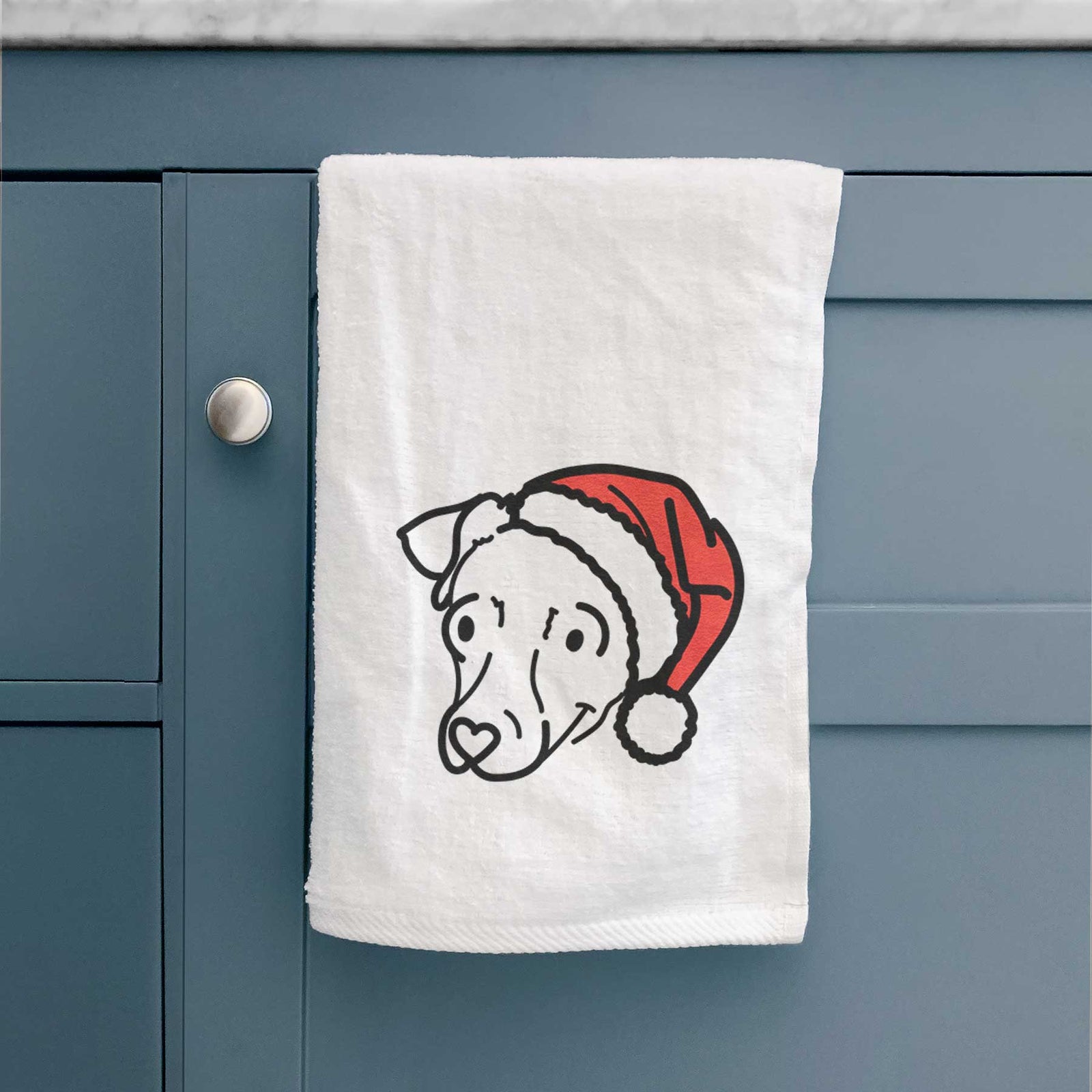 Minimalist line drawing of Tater Tot the Chiweenie wearing a Santa hat on a decorative hand towel