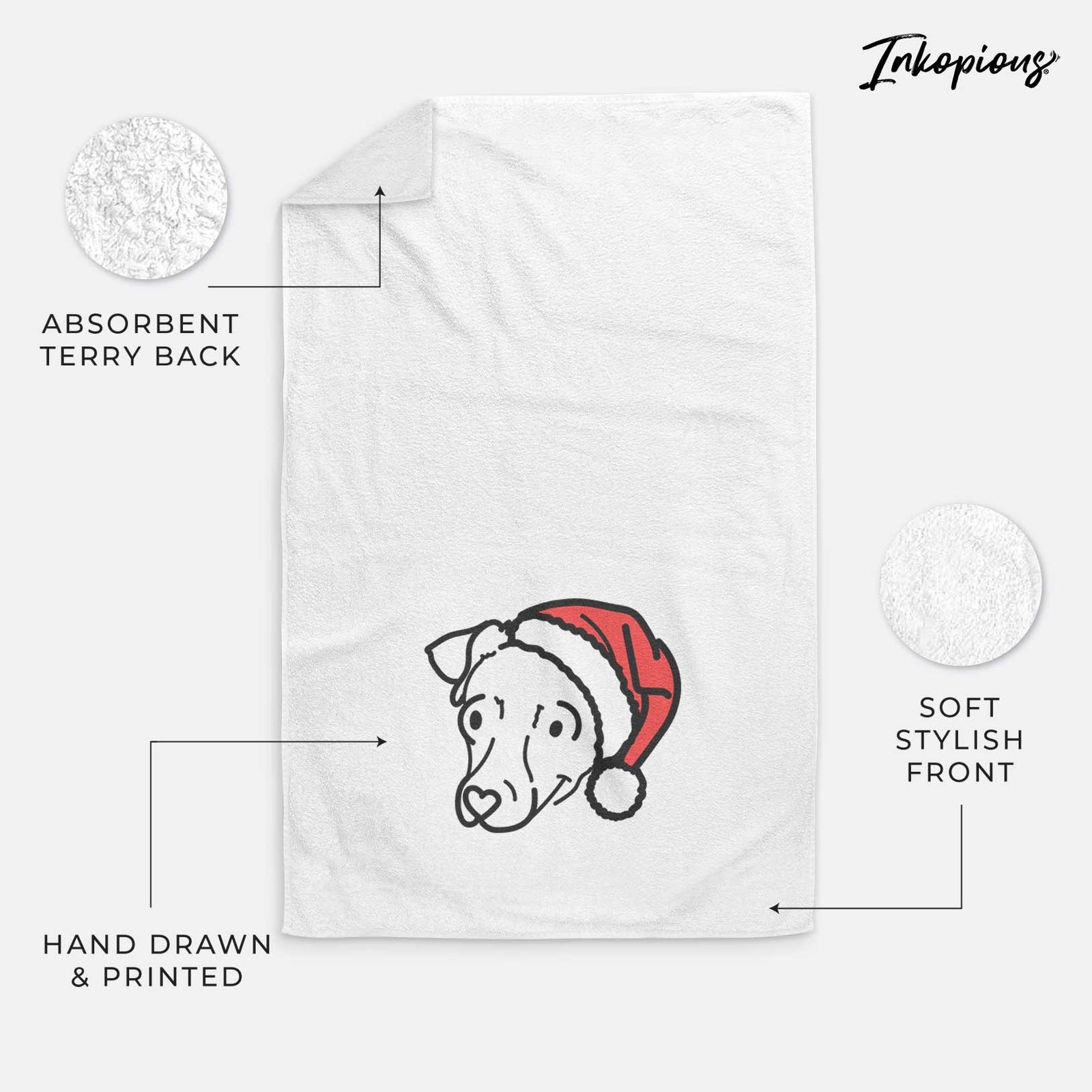 Minimalist line drawing of Tater Tot the Chiweenie wearing a Santa hat on a decorative hand towel