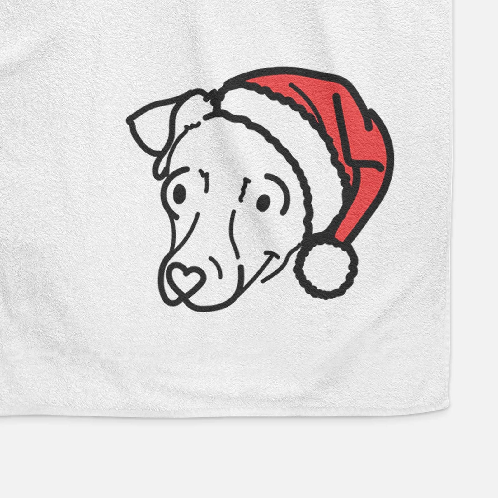 Minimalist line drawing of Tater Tot the Chiweenie wearing a Santa hat on a decorative hand towel