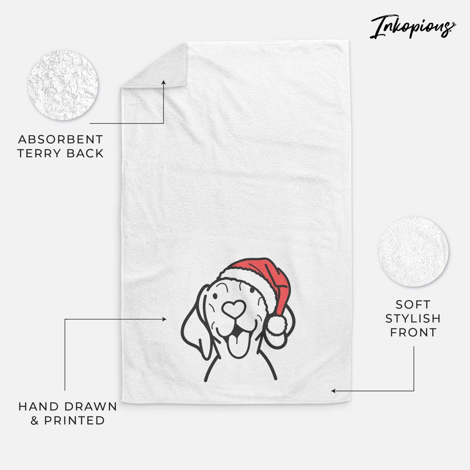 Minimalist line drawing of a Vizsla wearing a Santa hat on a decorative hand towel