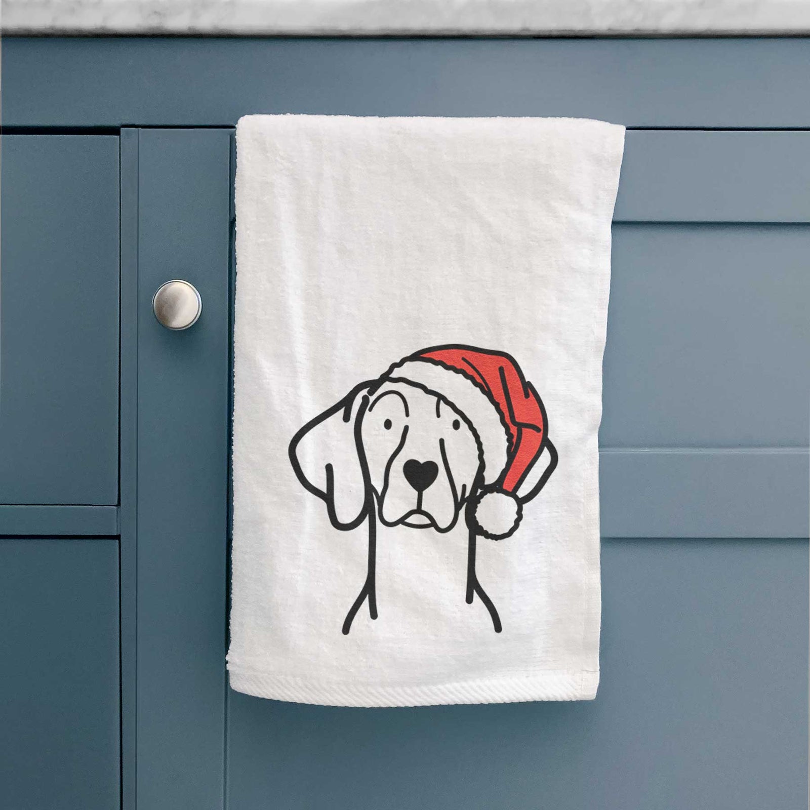 Minimalist line drawing of a Weimaraner wearing a Santa hat on a decorative hand towel