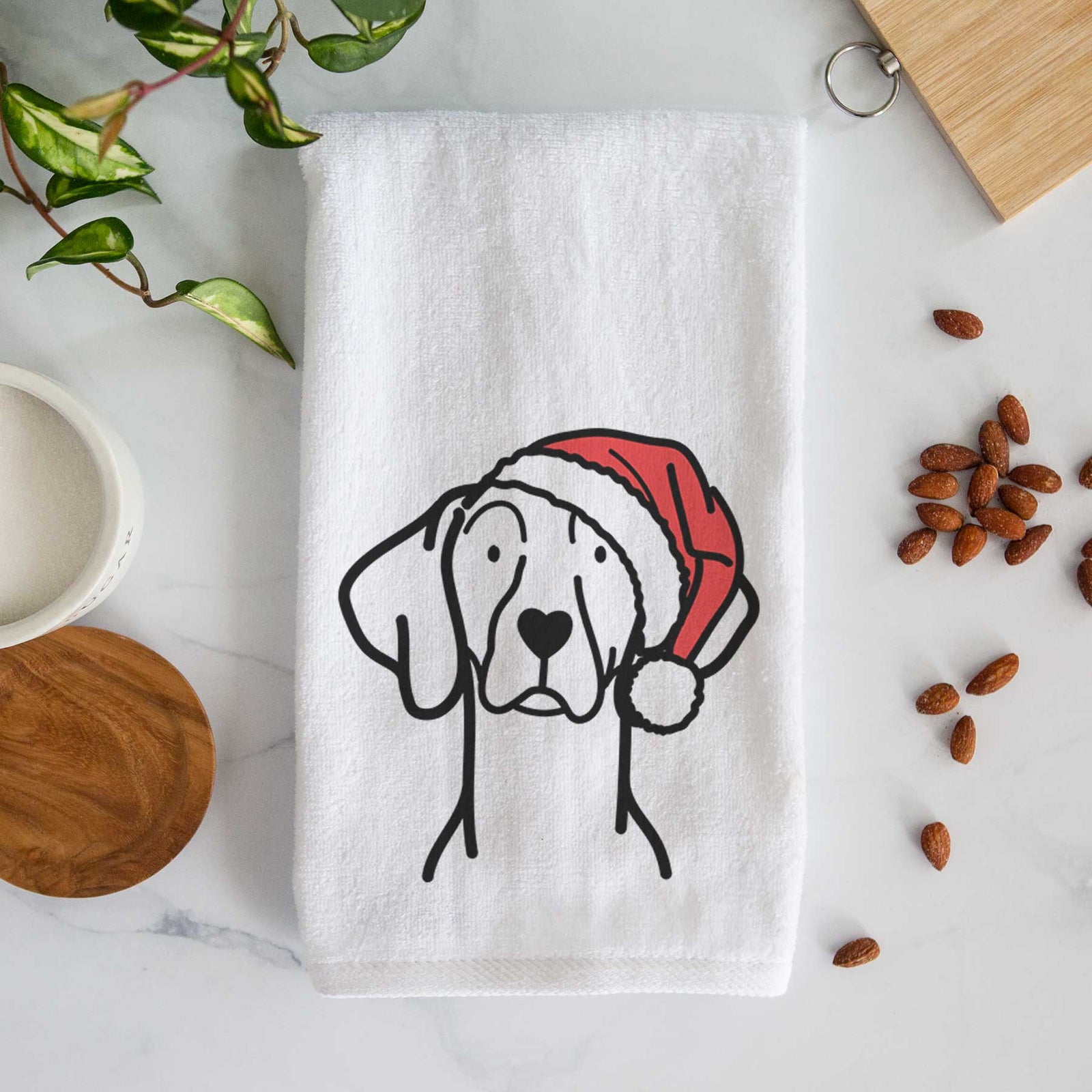 Minimalist line drawing of a Weimaraner wearing a Santa hat on a decorative hand towel