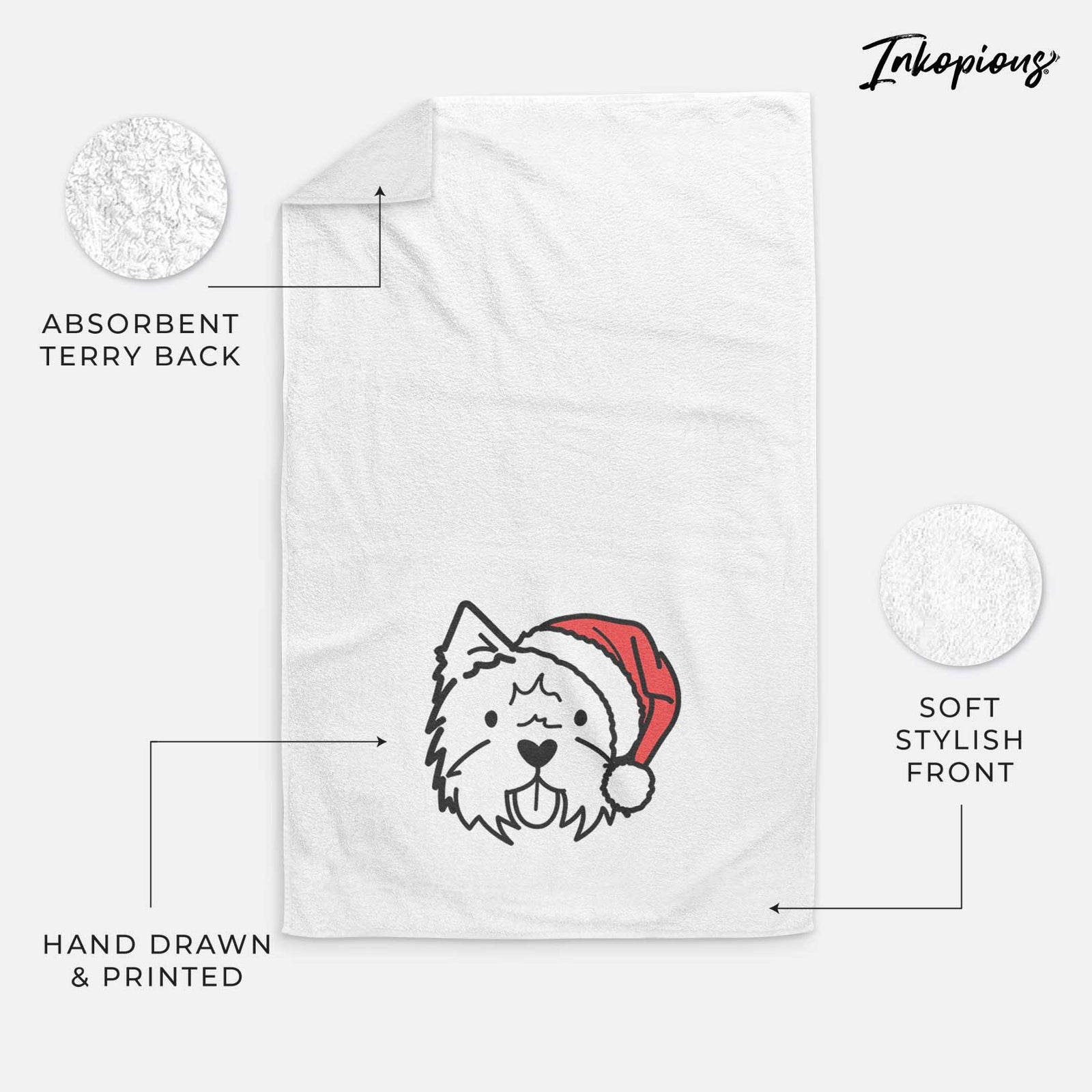 Minimalist line drawing of a West Highland Terrier wearing a Santa hat on a decorative hand towel