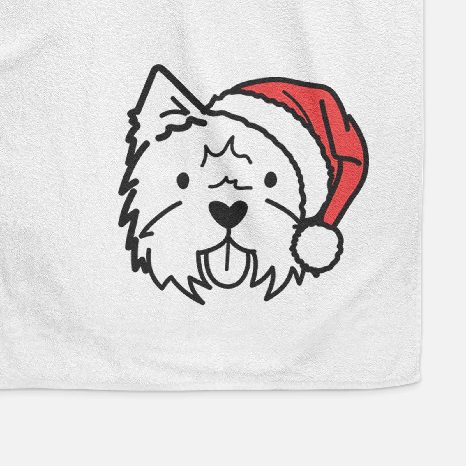 Minimalist line drawing of a West Highland Terrier wearing a Santa hat on a decorative hand towel