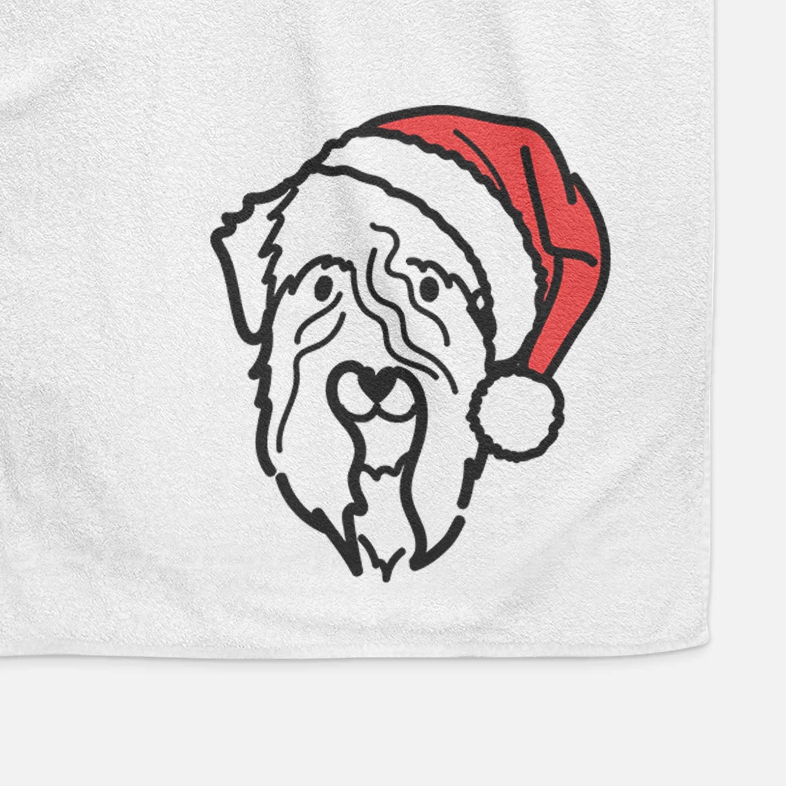 Minimalist line drawing of a Soft Coated Wheaten Terrier wearing a Santa hat on a decorative hand towel