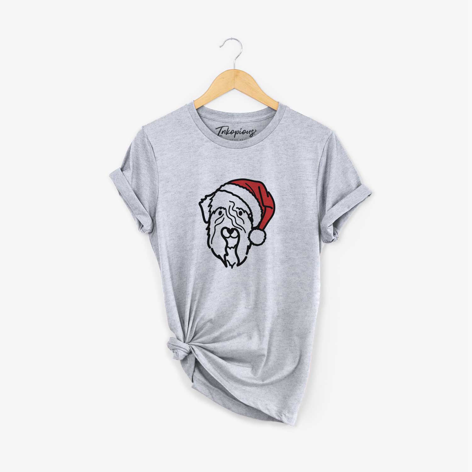 Minimalist line drawing of a Soft Coated Wheaten Terrier wearing a Santa hat on a Grey Unisex crewneck