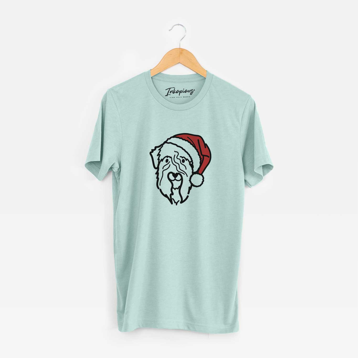 Minimalist line drawing of a Soft Coated Wheaten Terrier wearing a Santa hat on a Heather Sage Unisex crewneck