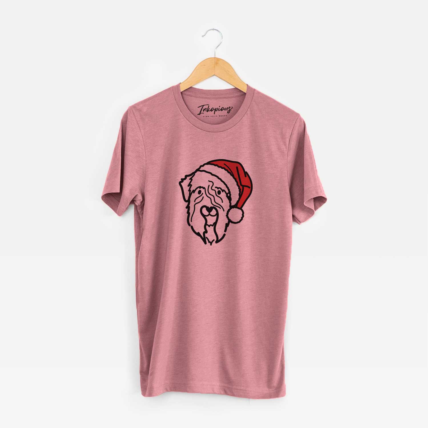Minimalist line drawing of a Soft Coated Wheaten Terrier wearing a Santa hat on a Mauve Unisex crewneck